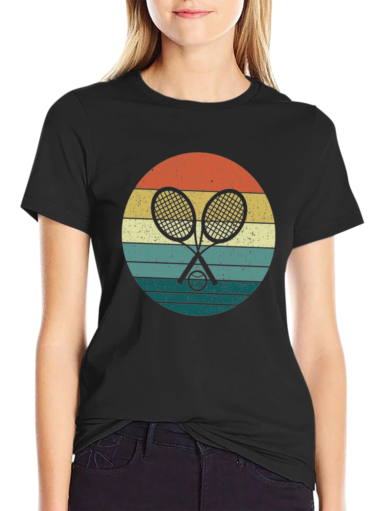 Black Retro Tennis Rackets & Ball Graphic T-Shirt view 2