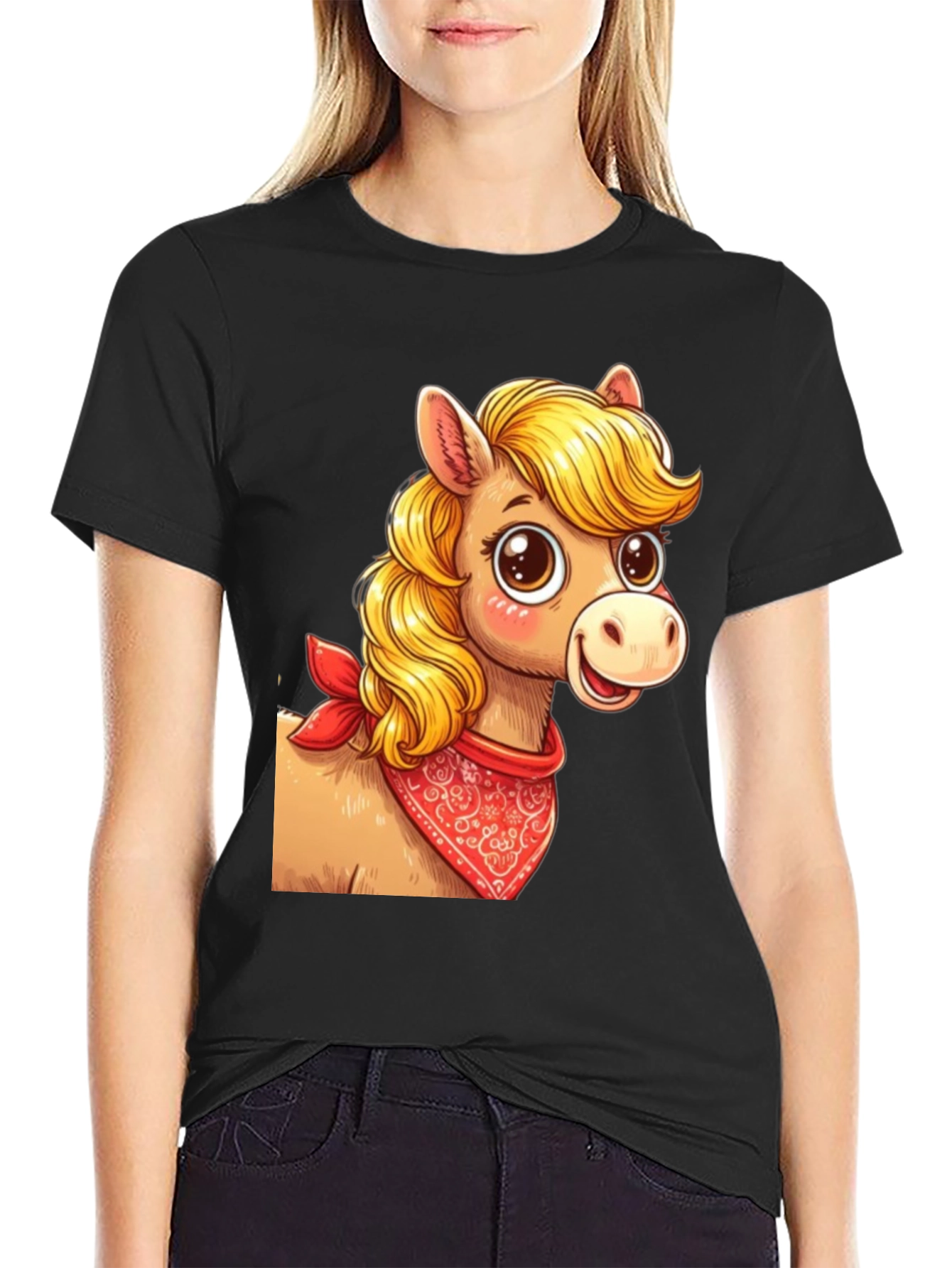 Black Cartoon Horse Bandana Graphic T-Shirt view 2