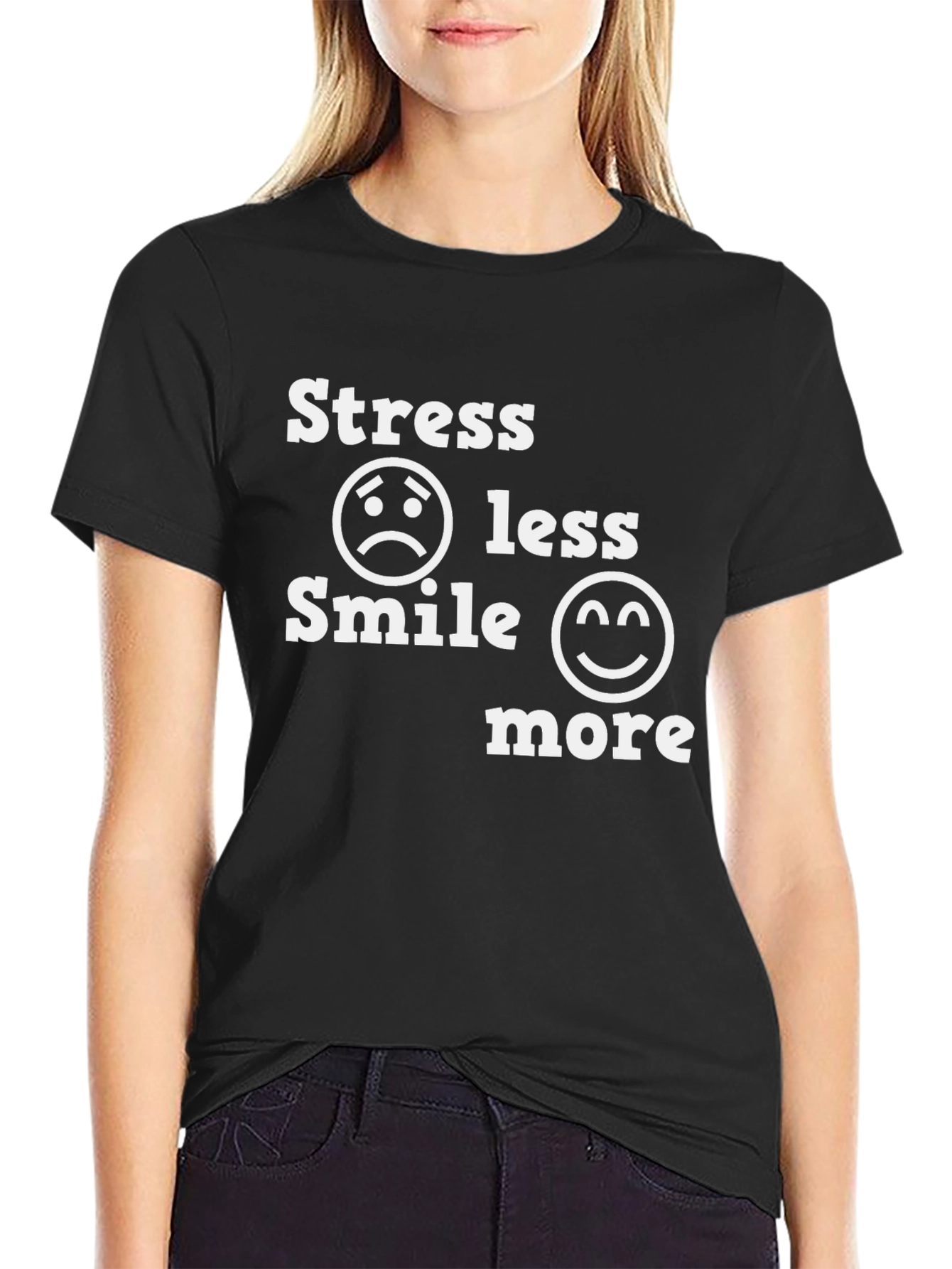 Black Stress Less Smile More Graphic T-Shirt view 2