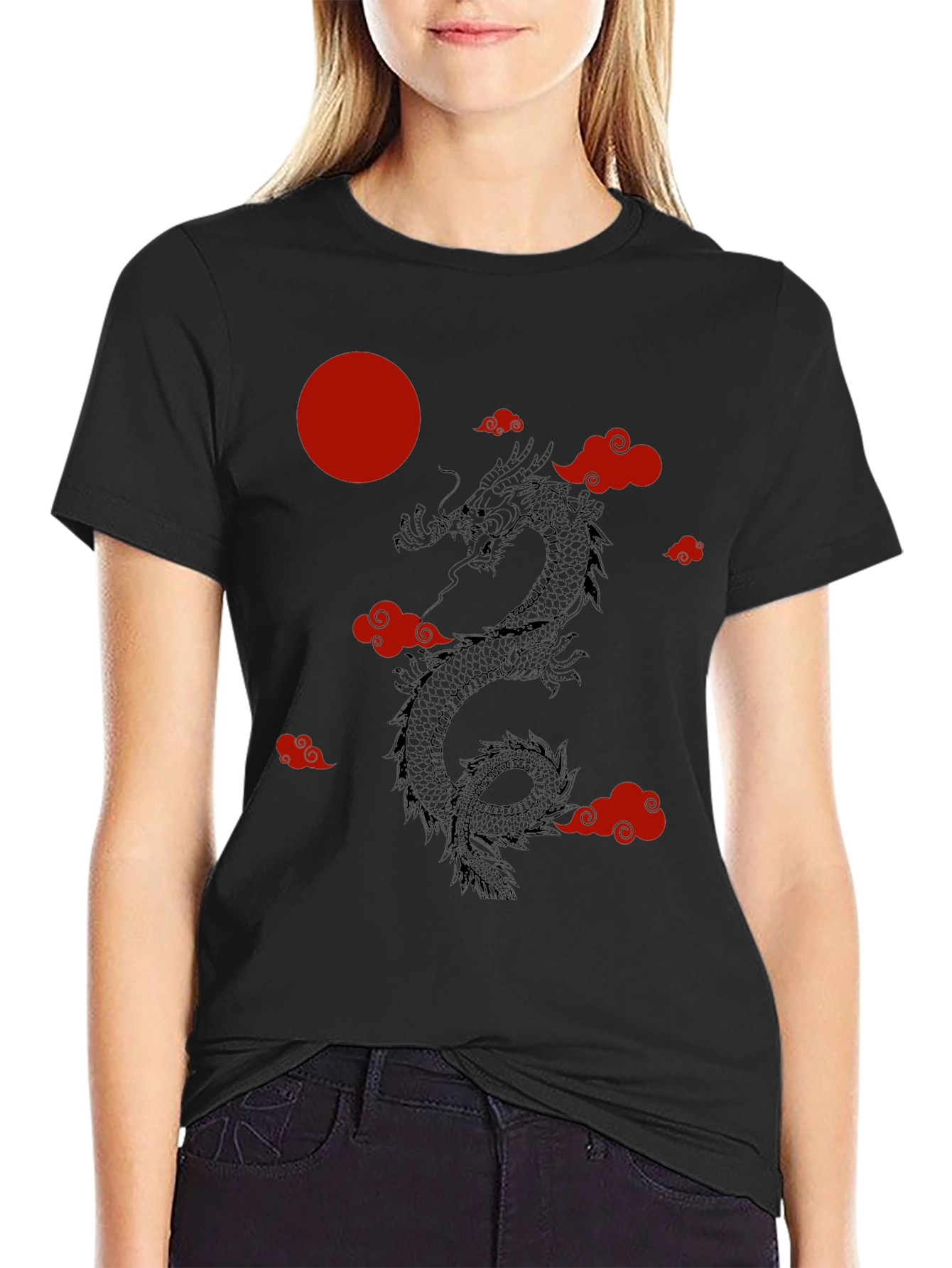 Black Dragon & Clouds Graphic Tee - Red Moon - Black Shirt view 2