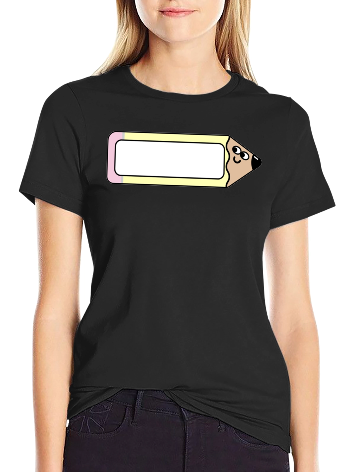 Black Funny Cartoon Pencil Graphic Tee view 2