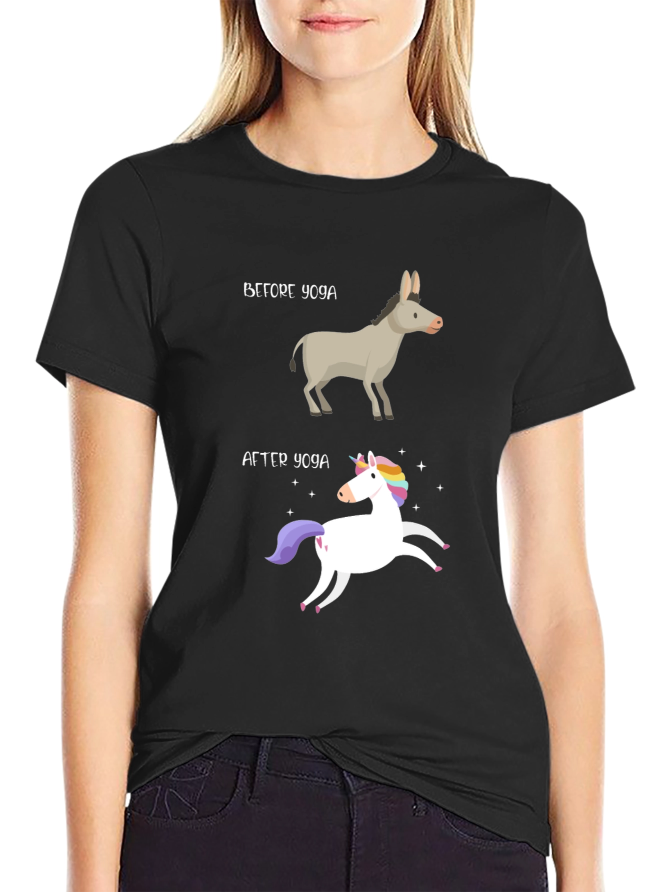 Black Yoga Humor T-Shirt - Donkey to Unicorn Transformation view 2