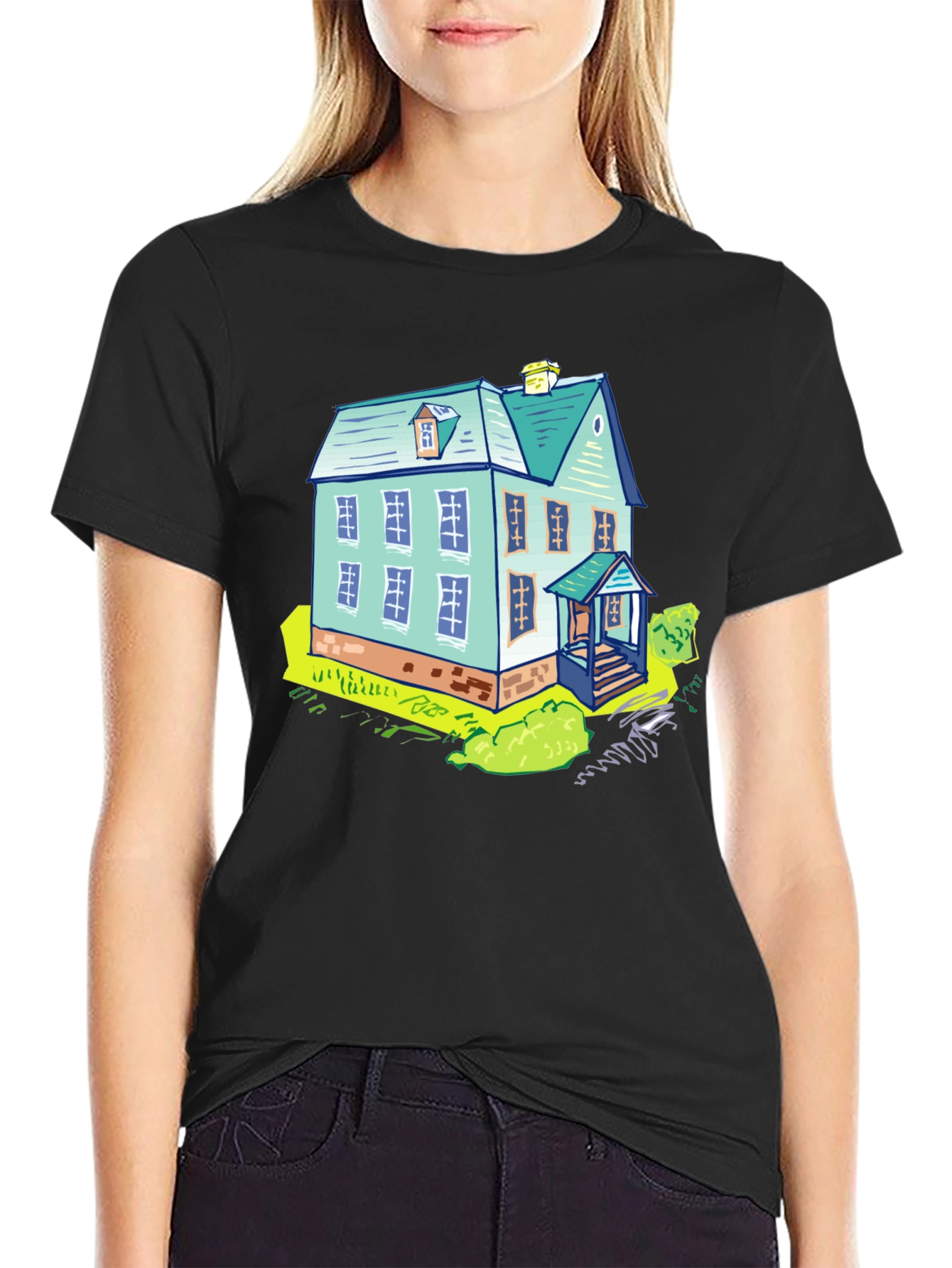 Black Cartoon House Graphic Tee - Black Cotton T-Shirt view 2