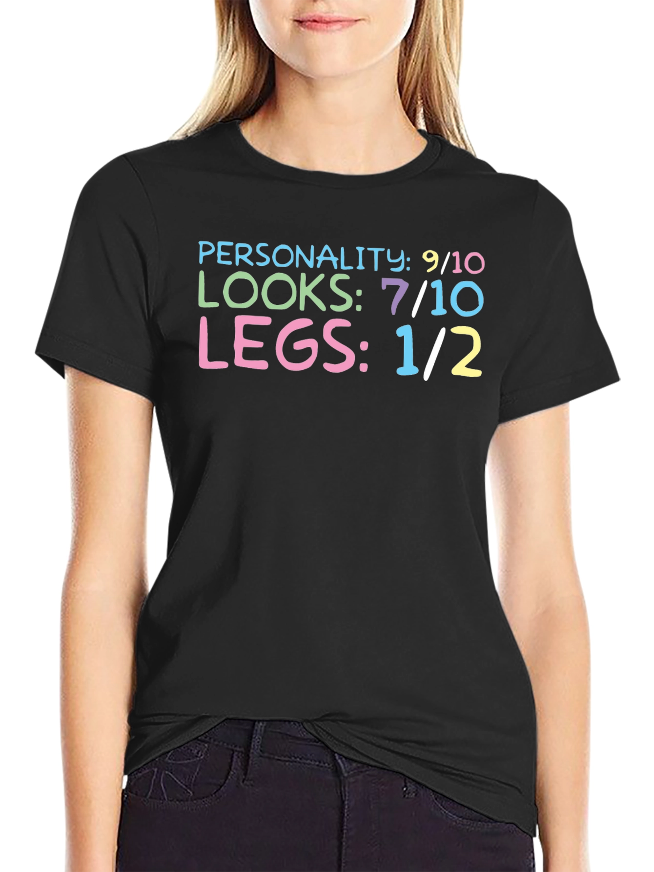 Black Funny "Personality Looks Legs" Graphic T-Shirt view 2