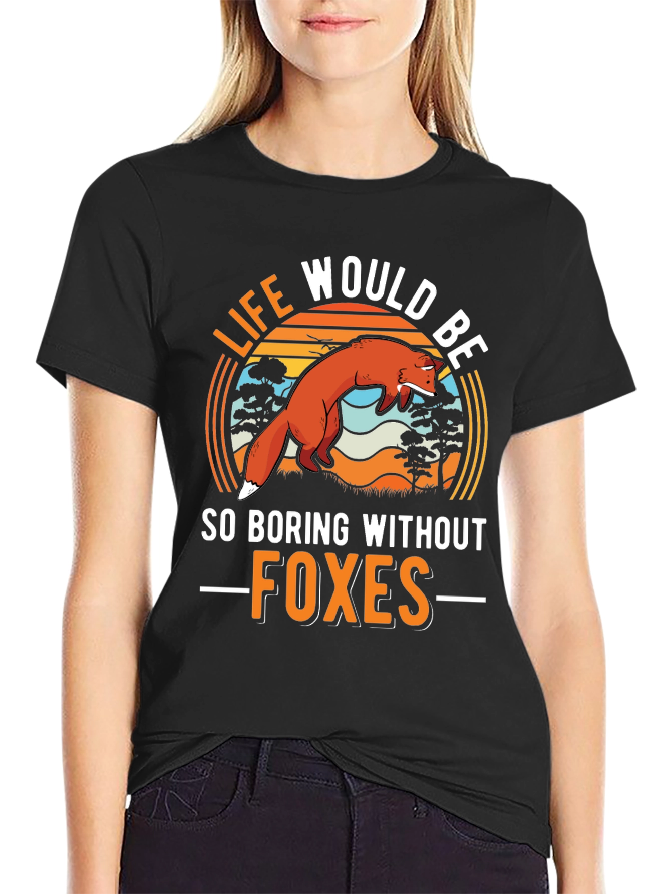 Black Life Would Be So Boring Without Foxes Black T-Shirt view 2