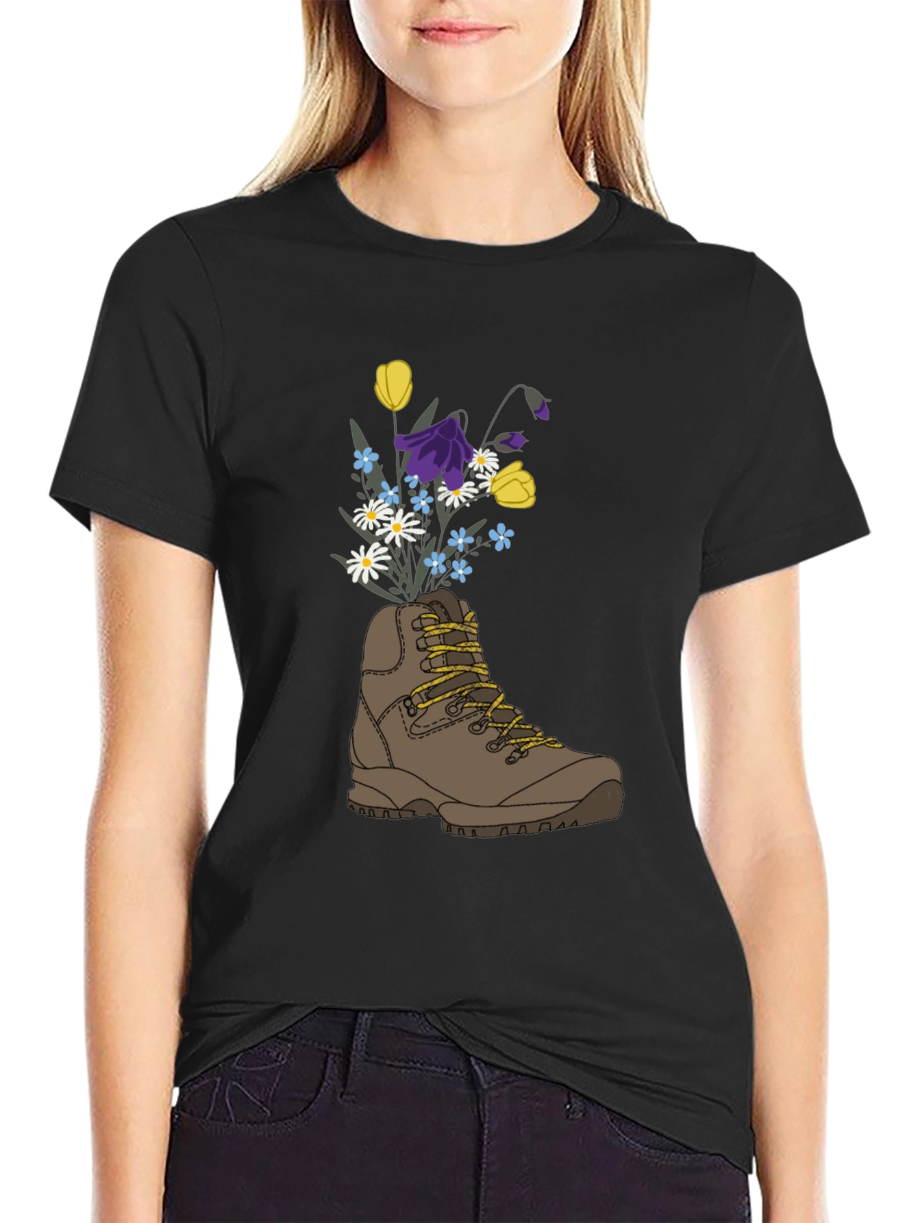 Black Floral Hiking Boot Graphic T-Shirt view 2