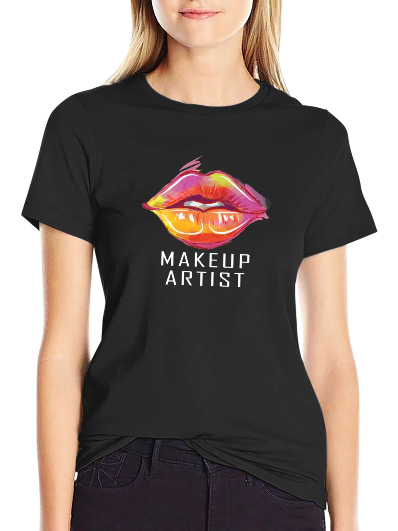 Black Makeup Artist Lips Graphic Tee - Stylish Crew Neck T-Shirt view 2