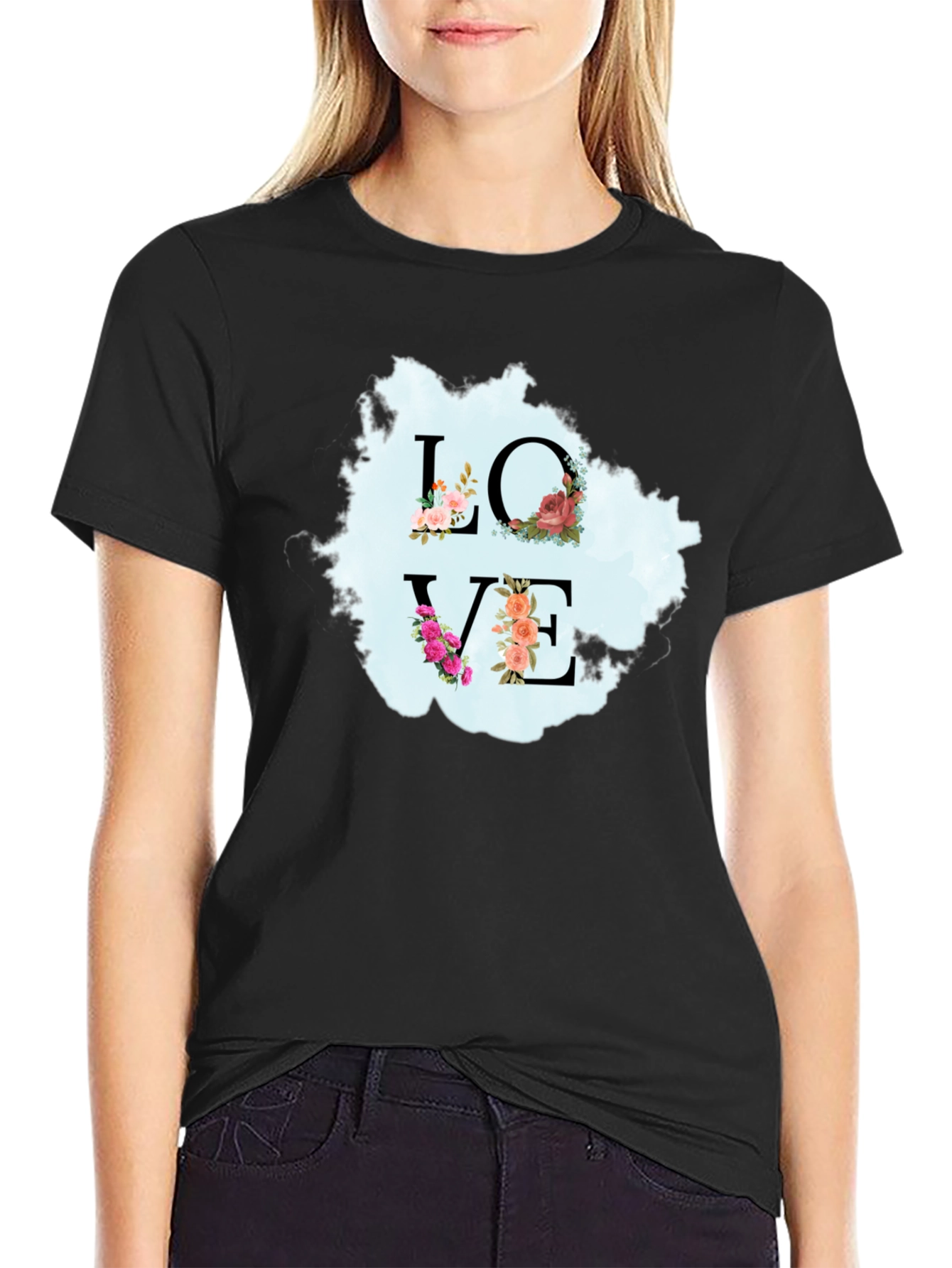 Black Floral Love T-Shirt - Stylish Graphic Tee view 2