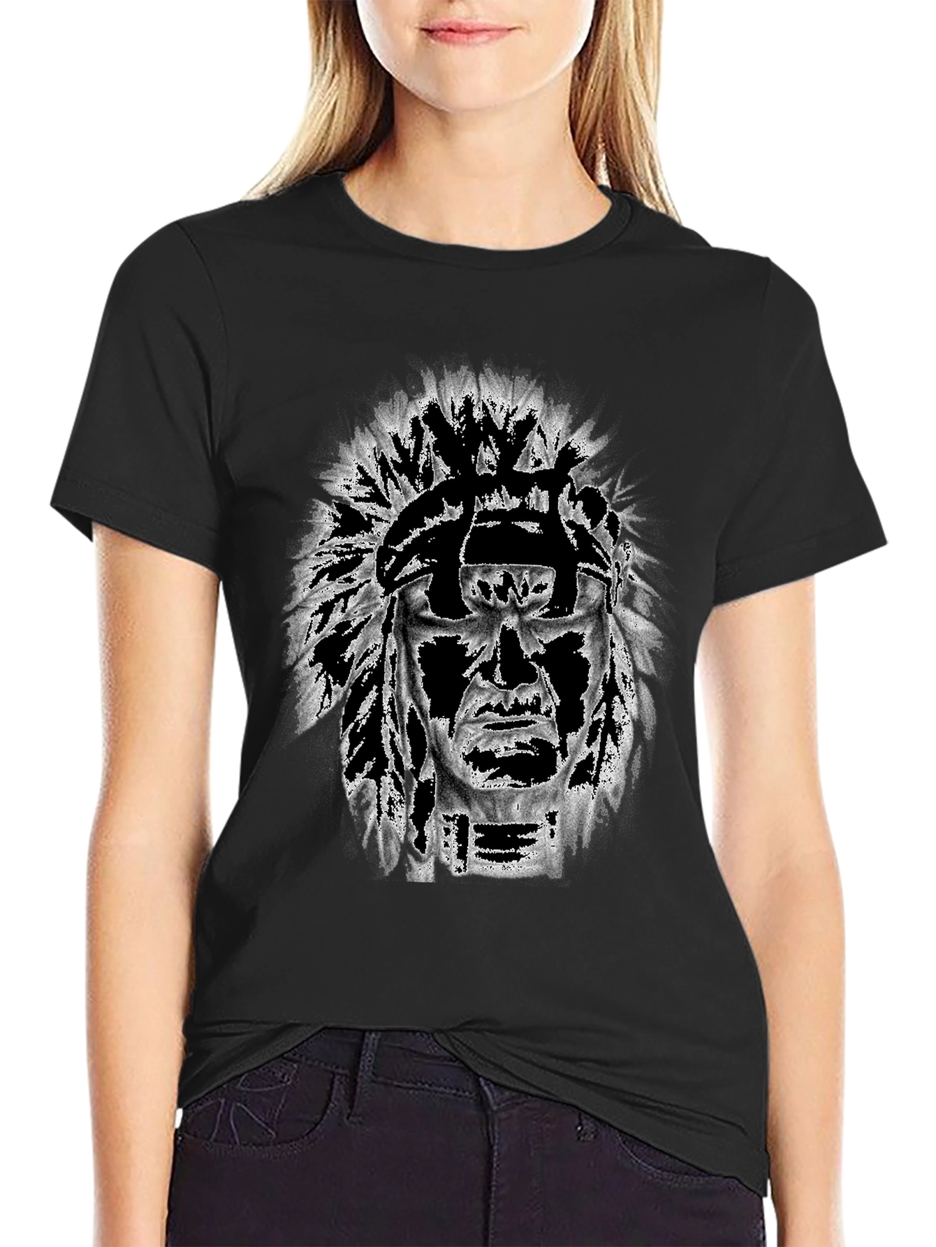 Black Graphic Tee: Native American Headdress Design view 2