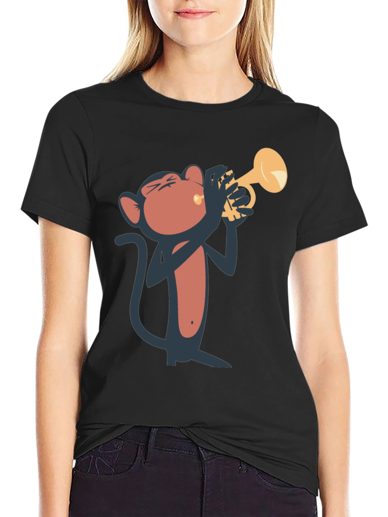 Black Monkey Playing Trumpet Graphic Tee - Black Cotton T-Shirt view 2