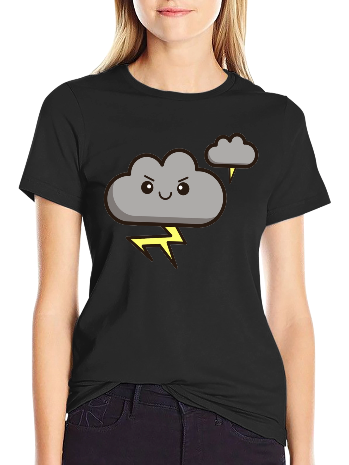 Black Cartoon Cloud Lightning Graphic Tee - Black view 2