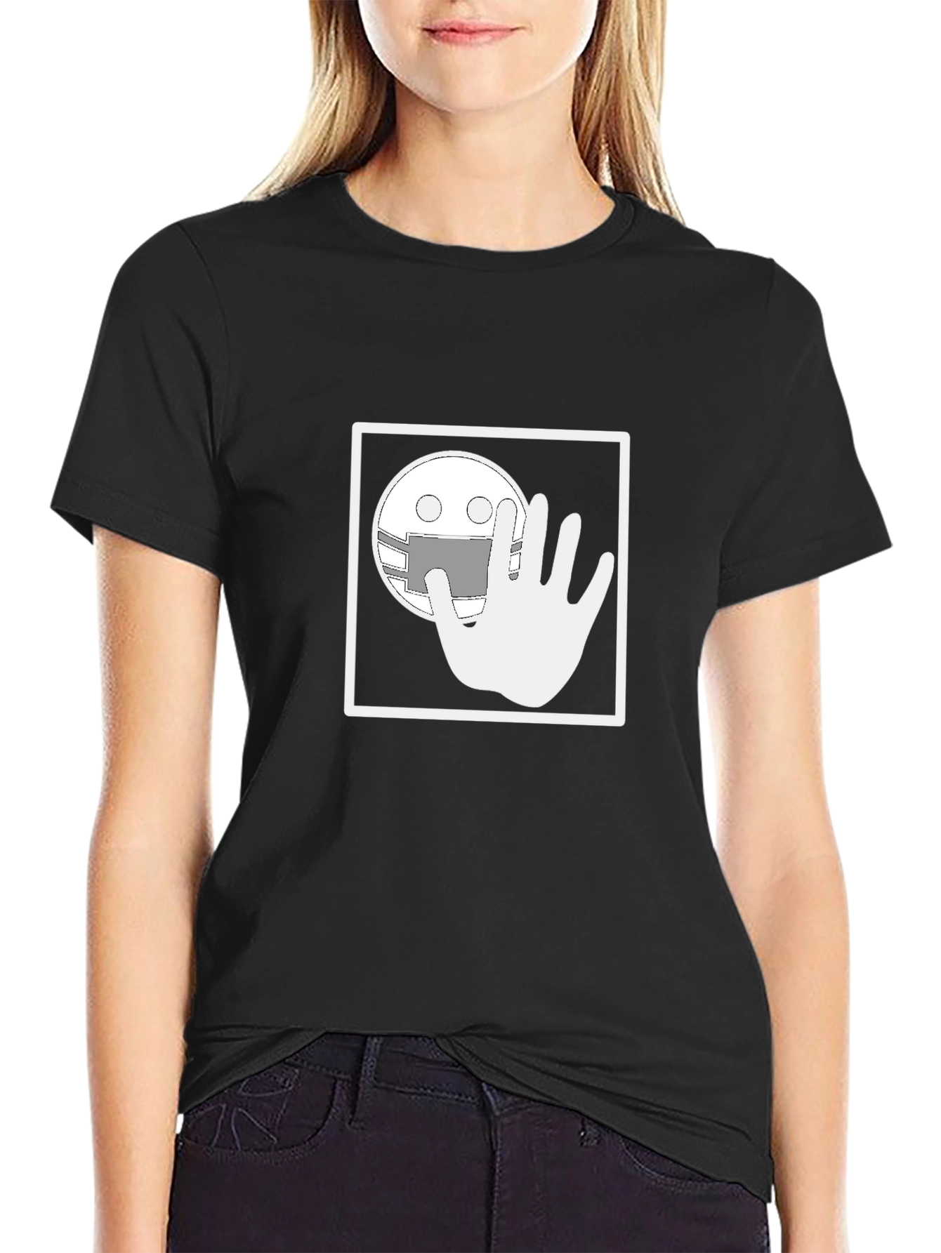 Black Black Graphic T-Shirt - Masked Smiley with Hand view 2