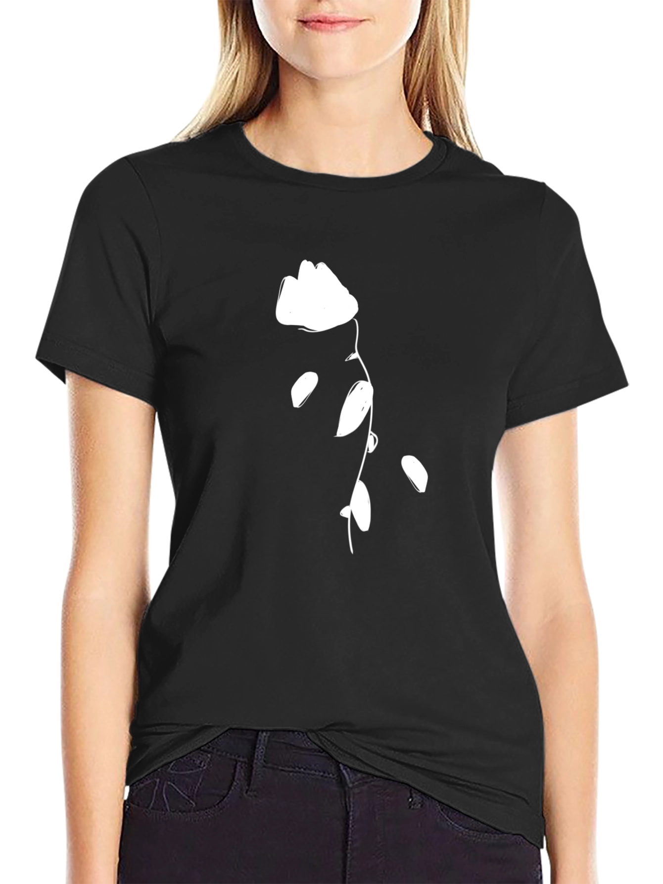 Black Black T-Shirt with White Flower Design view 2