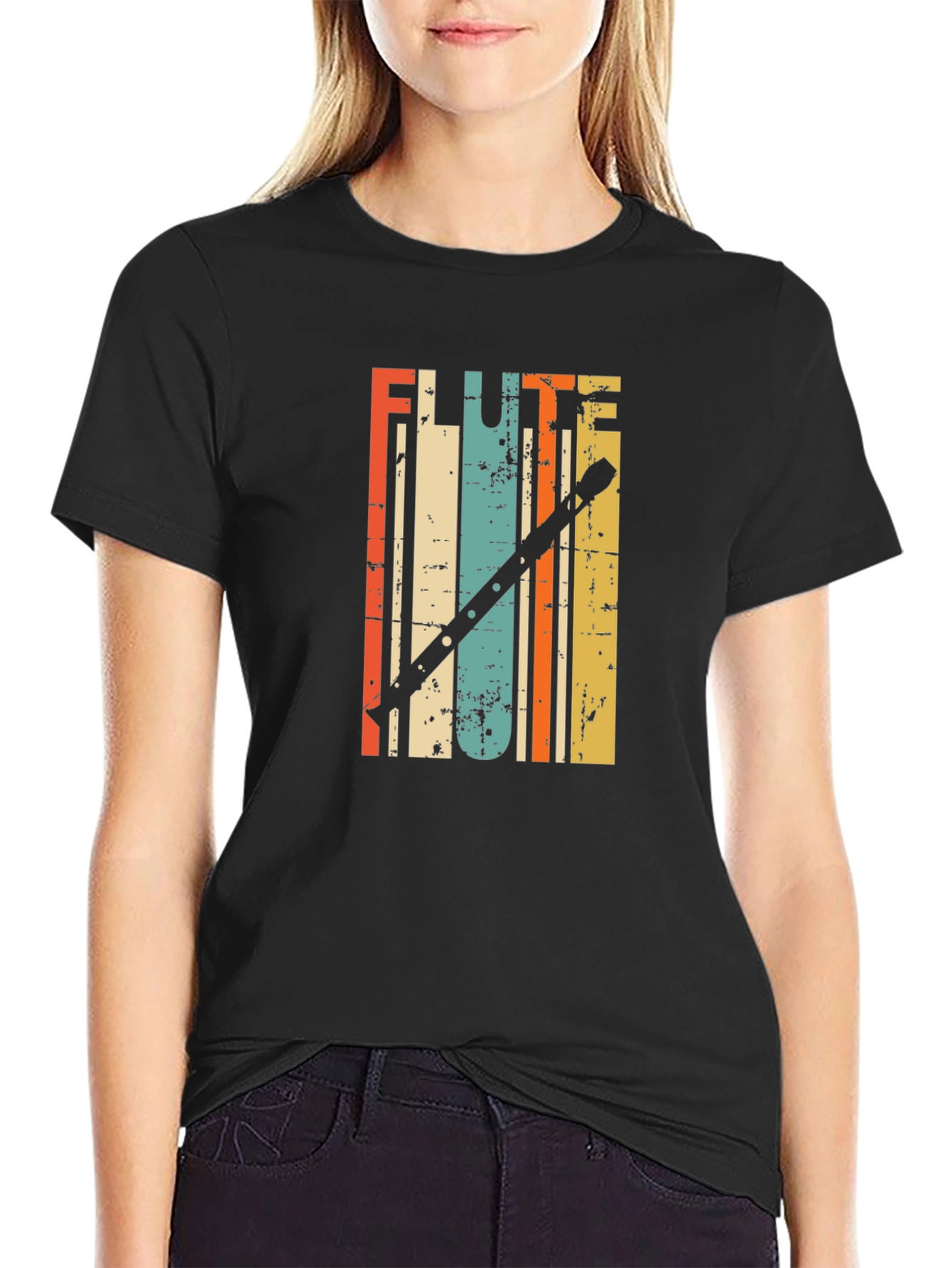 Black Retro Flute Player T-Shirt - Vintage Style Tee view 2