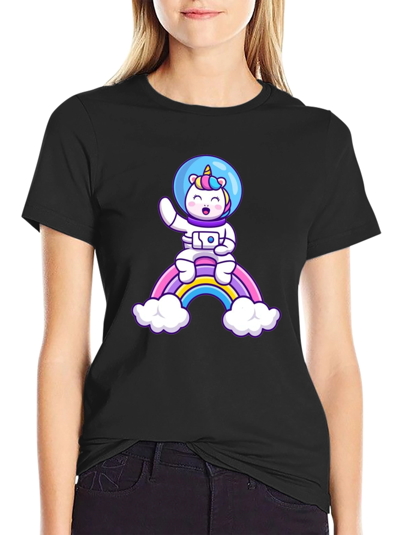 Black Unicorn Astronaut Rainbow T-Shirt view 2