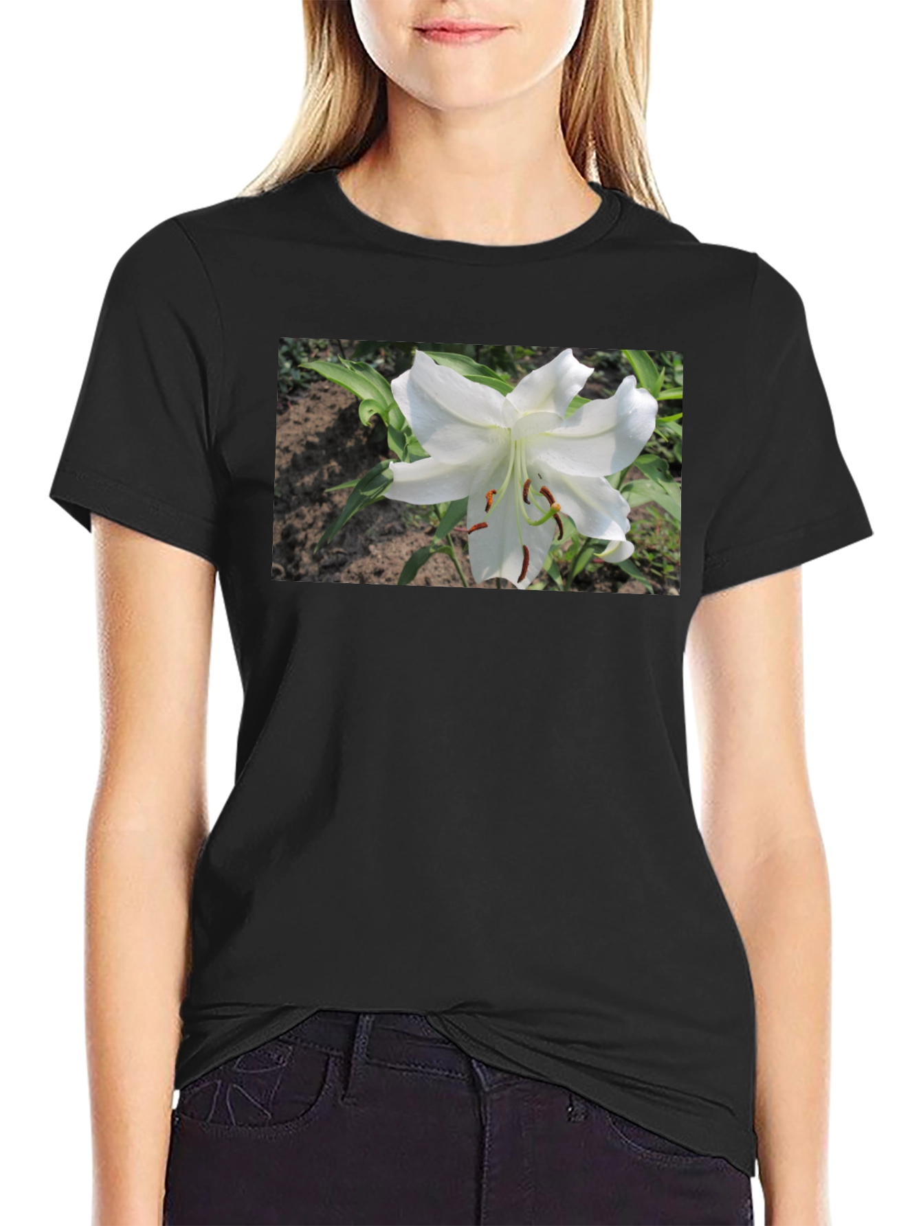 Black White Lily Graphic Tee - Soft Cotton Blend view 2