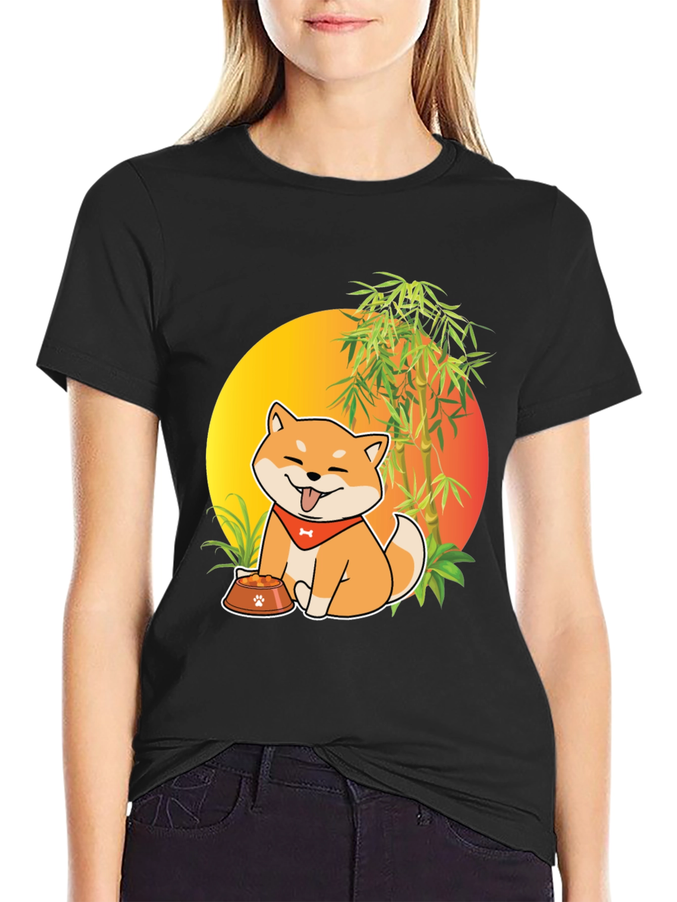 Black Shiba Inu Dog Cartoon Graphic T-Shirt view 2