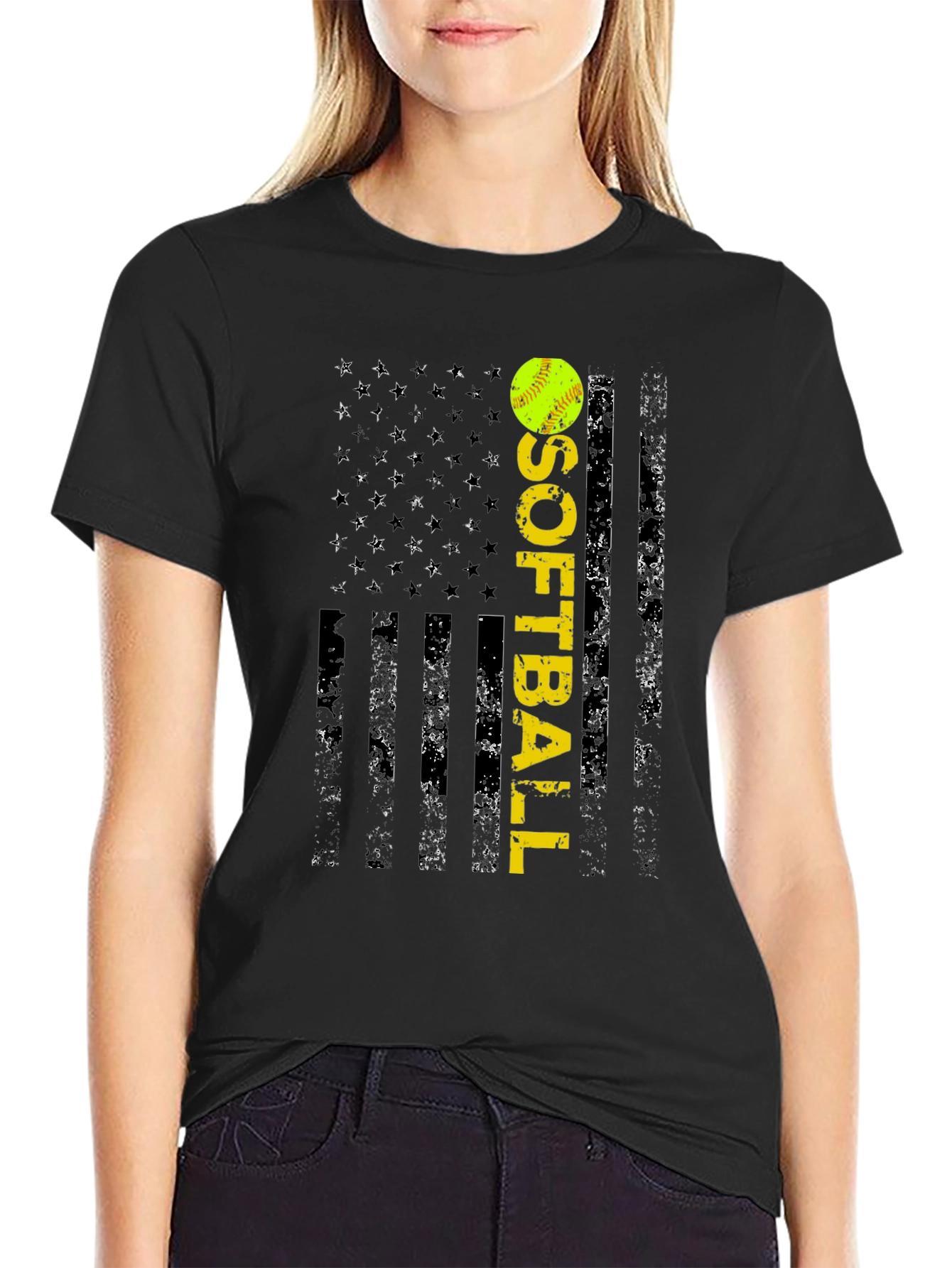 Black Softball Flag T-Shirt - Distressed USA Design view 2