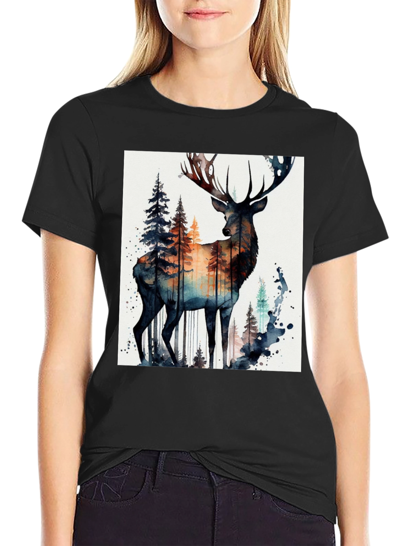 Black Deer Forest Watercolor Graphic Tee view 2