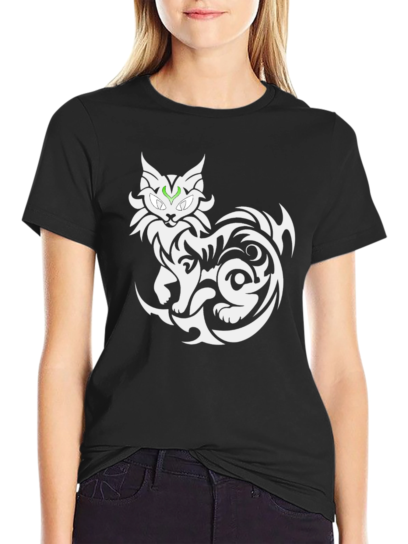Black Tribal Cat Graphic Tee - Black Cotton T-Shirt view 2
