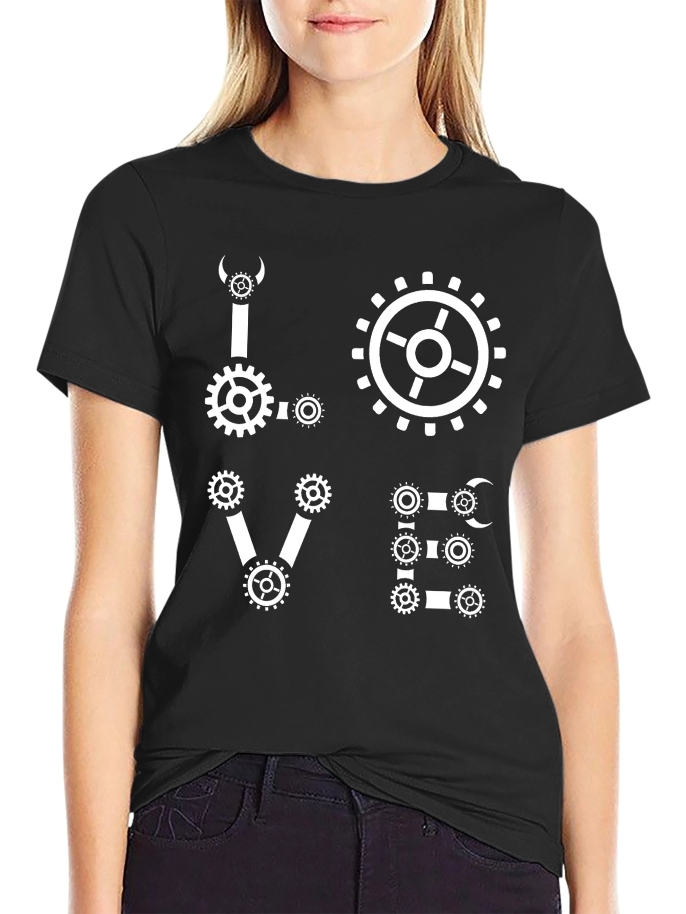 Black Steampunk Love Gear Graphic T-Shirt view 2