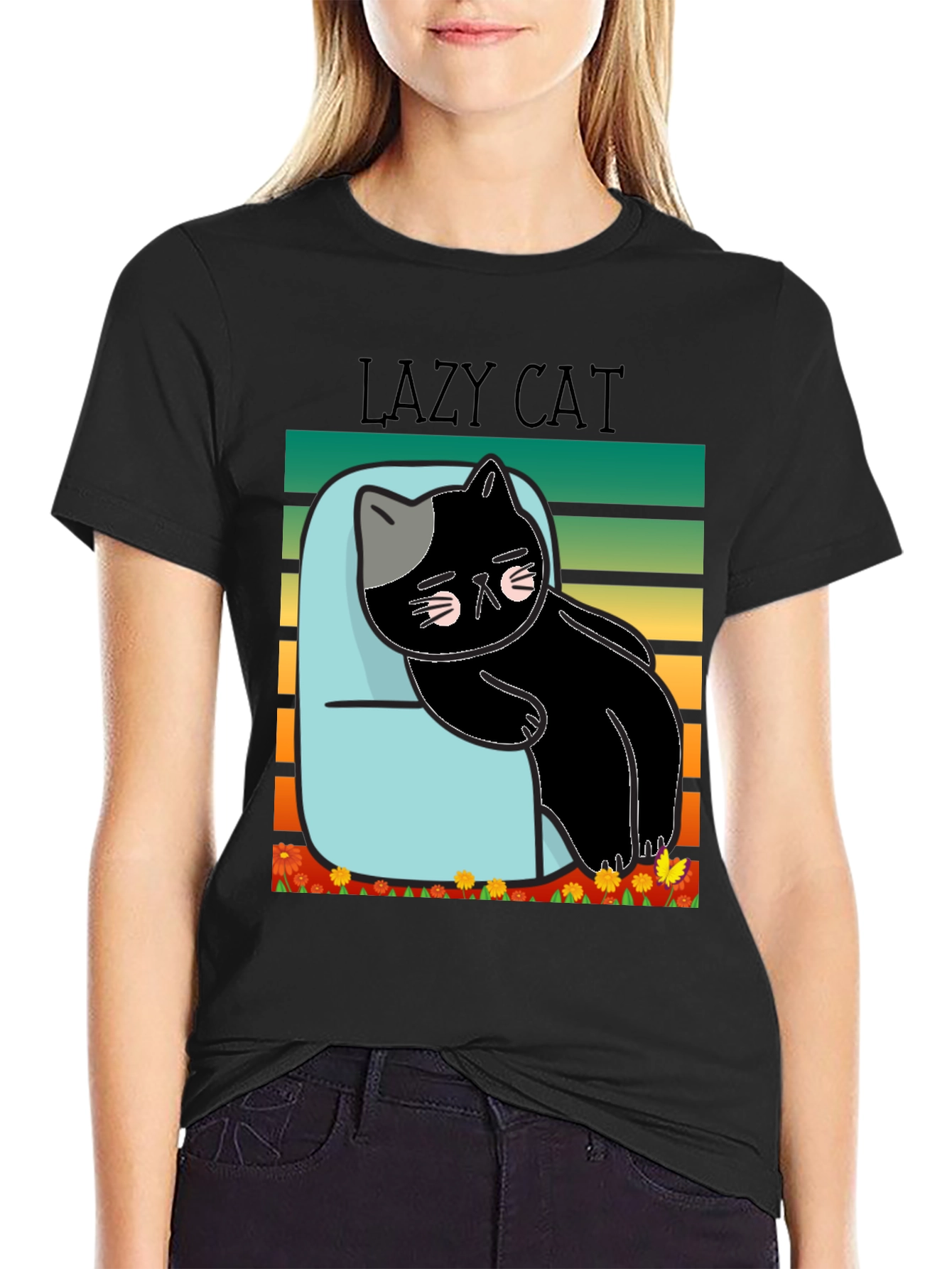 Black Lazy Cat T-Shirt - Black Cotton Tee view 2