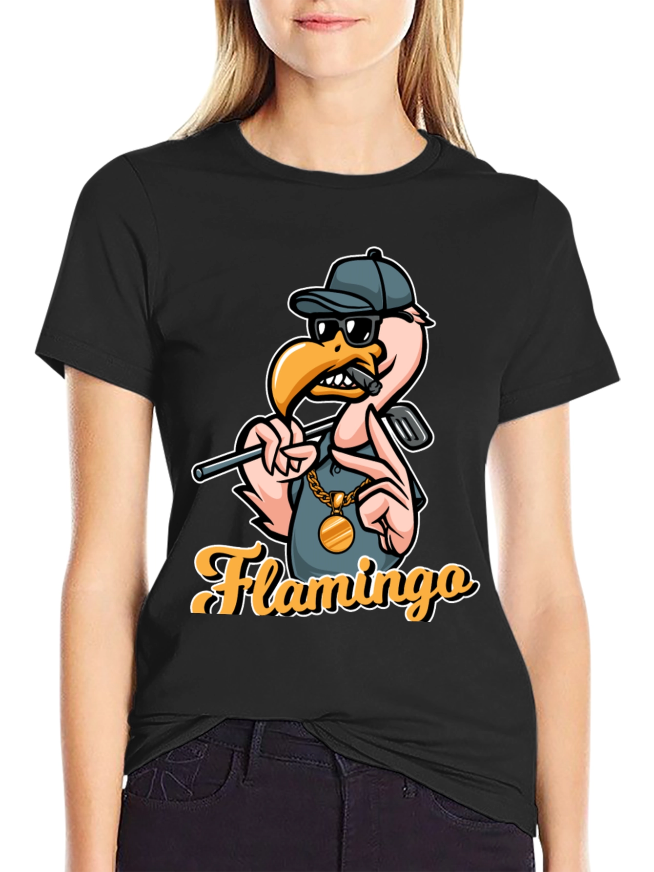 Black Cool Flamingo Golf T-Shirt view 2
