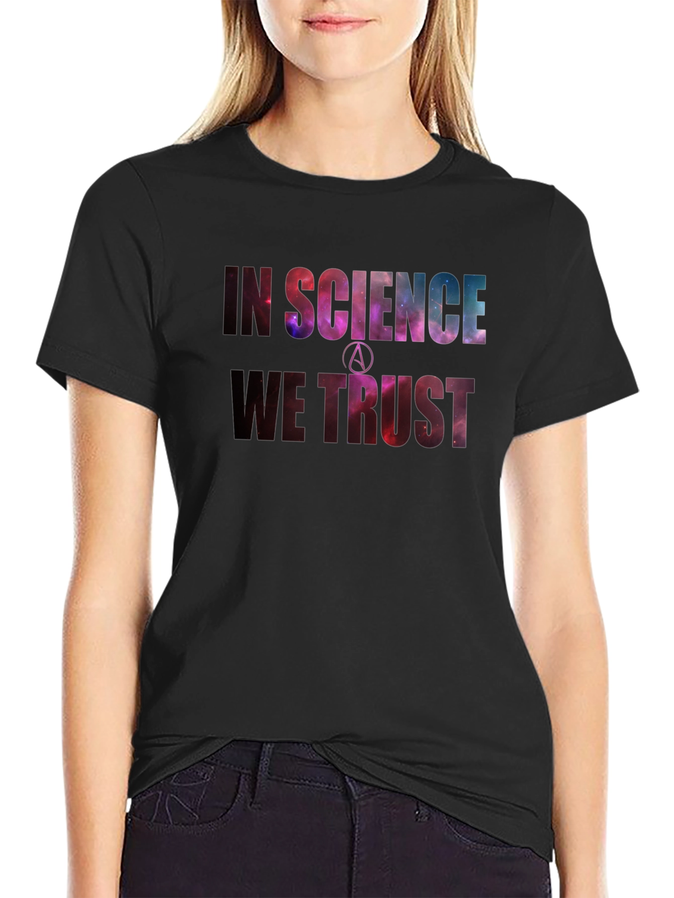 Black In Science We Trust Galaxy Print T-Shirt view 2