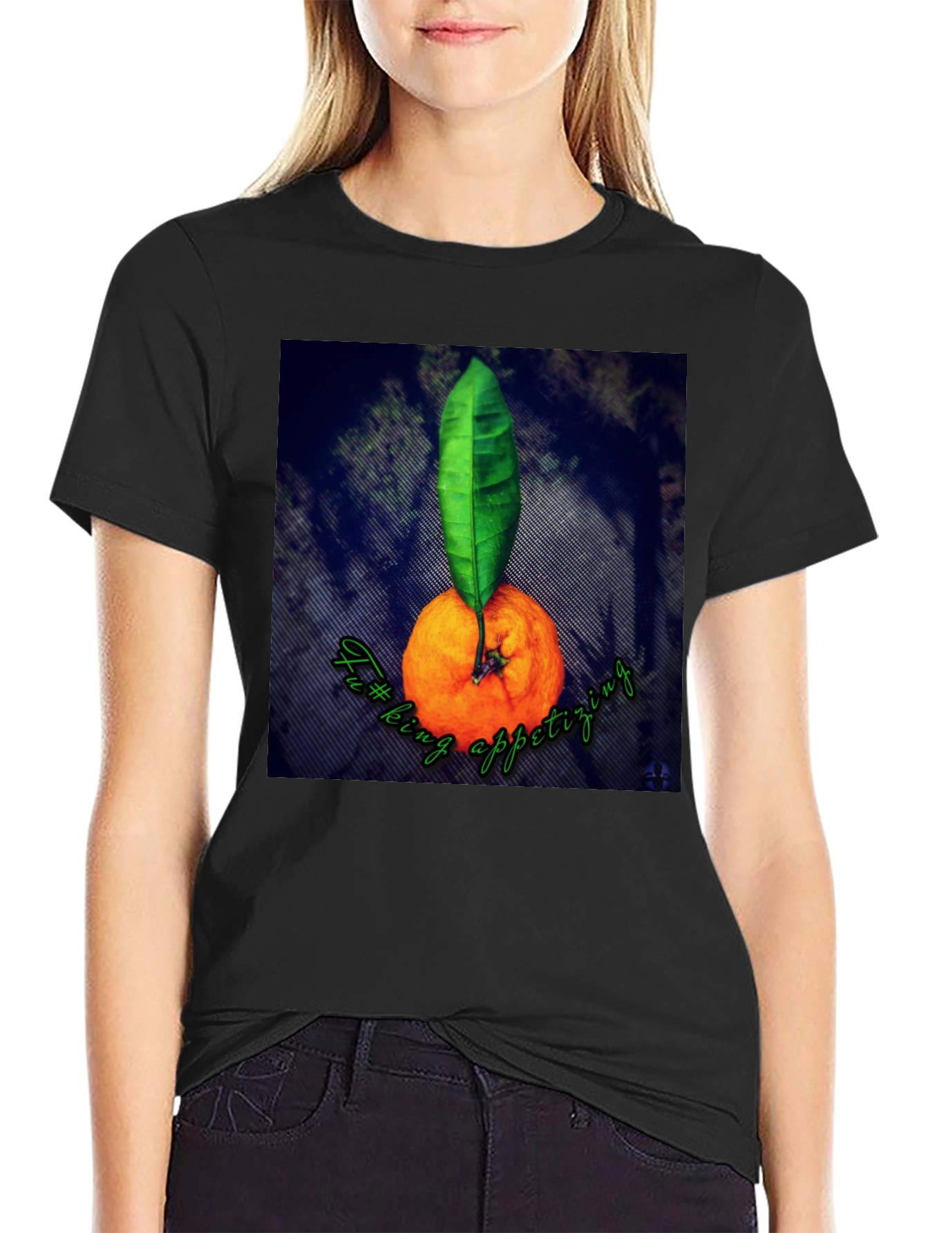 Black Orange & Leaf Graphic Tee - Fun Foodie Shirt view 2