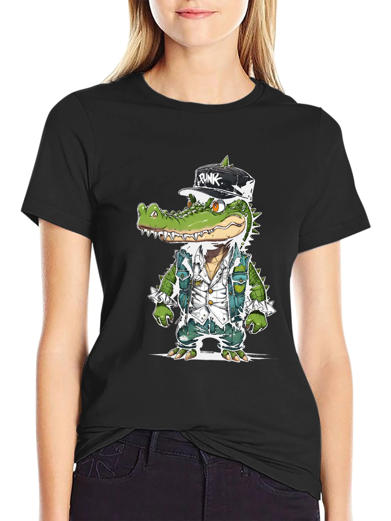 Black Punk Gator T-Shirt - Cool Reptile Streetwear view 2