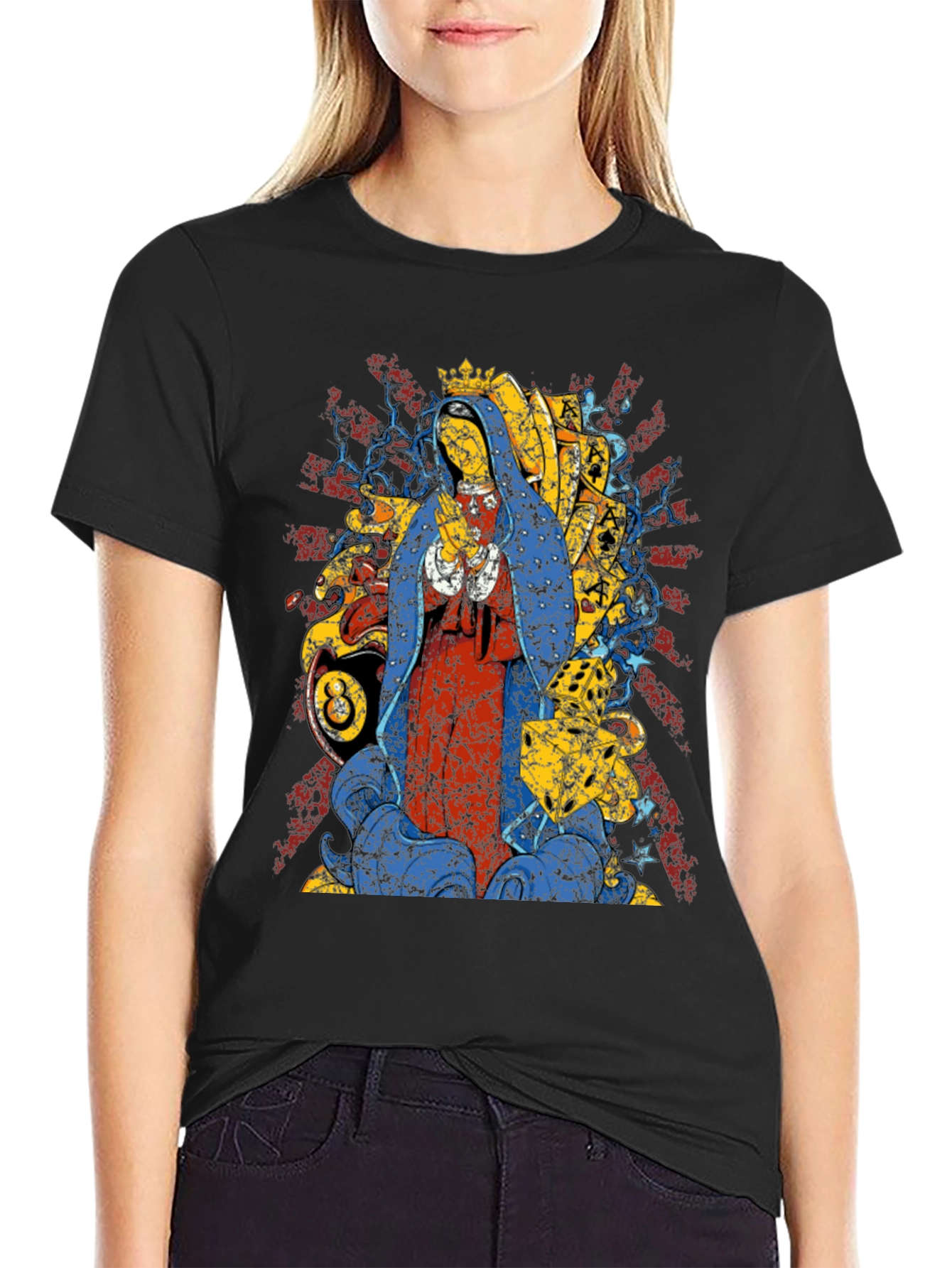 Black Graphic Tee - Virgin Mary & 8 Ball Design view 2