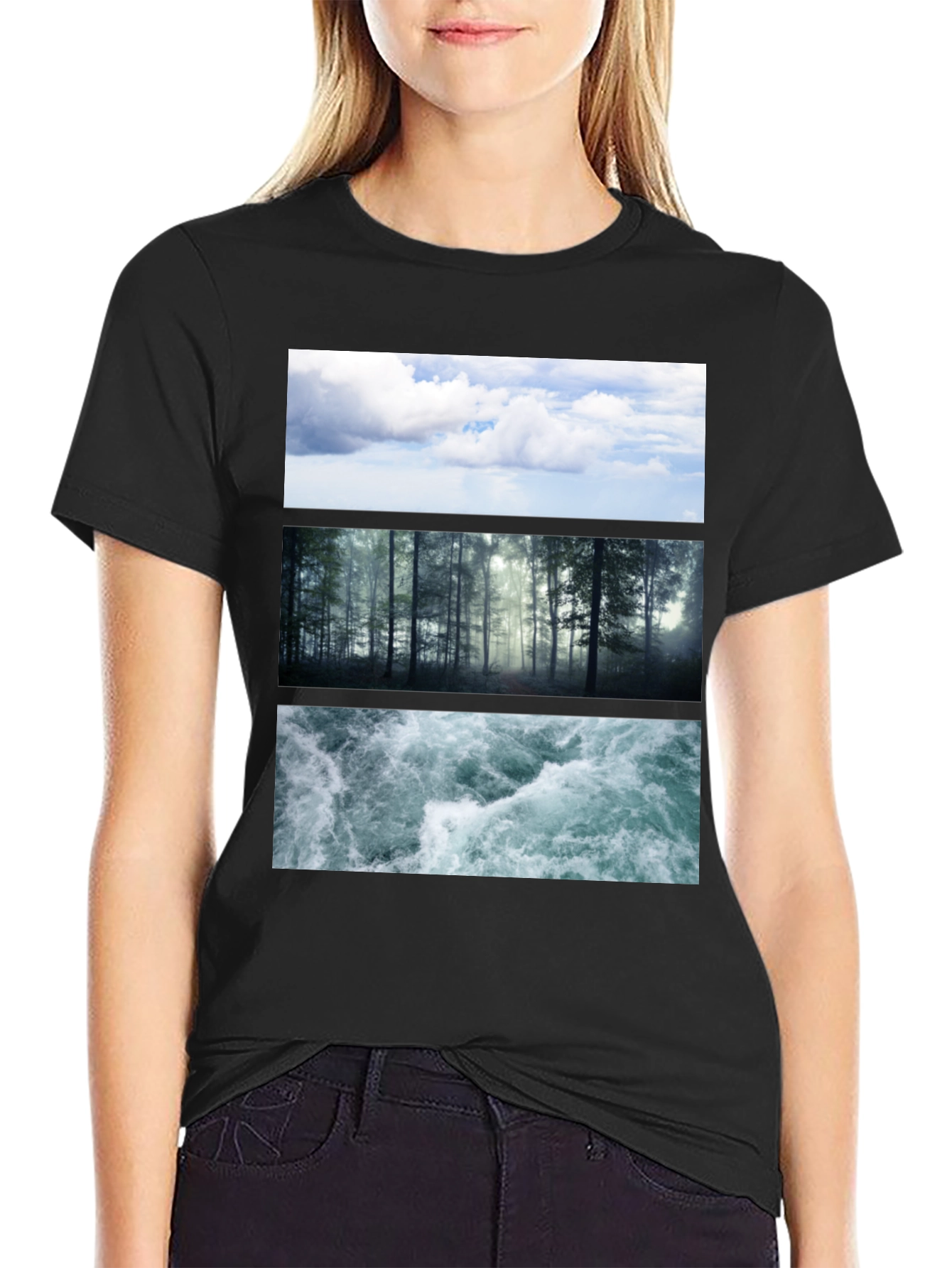Black Nature Collage T-Shirt: Sky, Forest, Water Graphic Tee view 2
