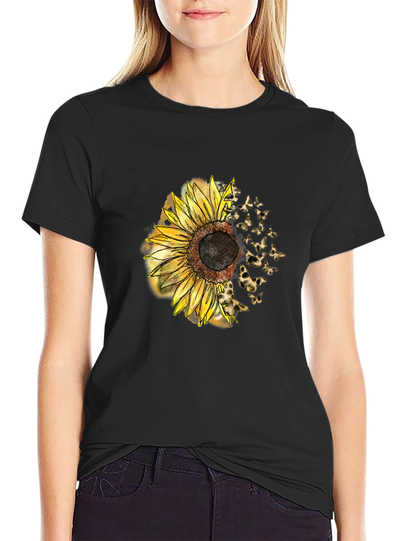 Black Sunflower Butterfly Men's Black T-Shirt view 2