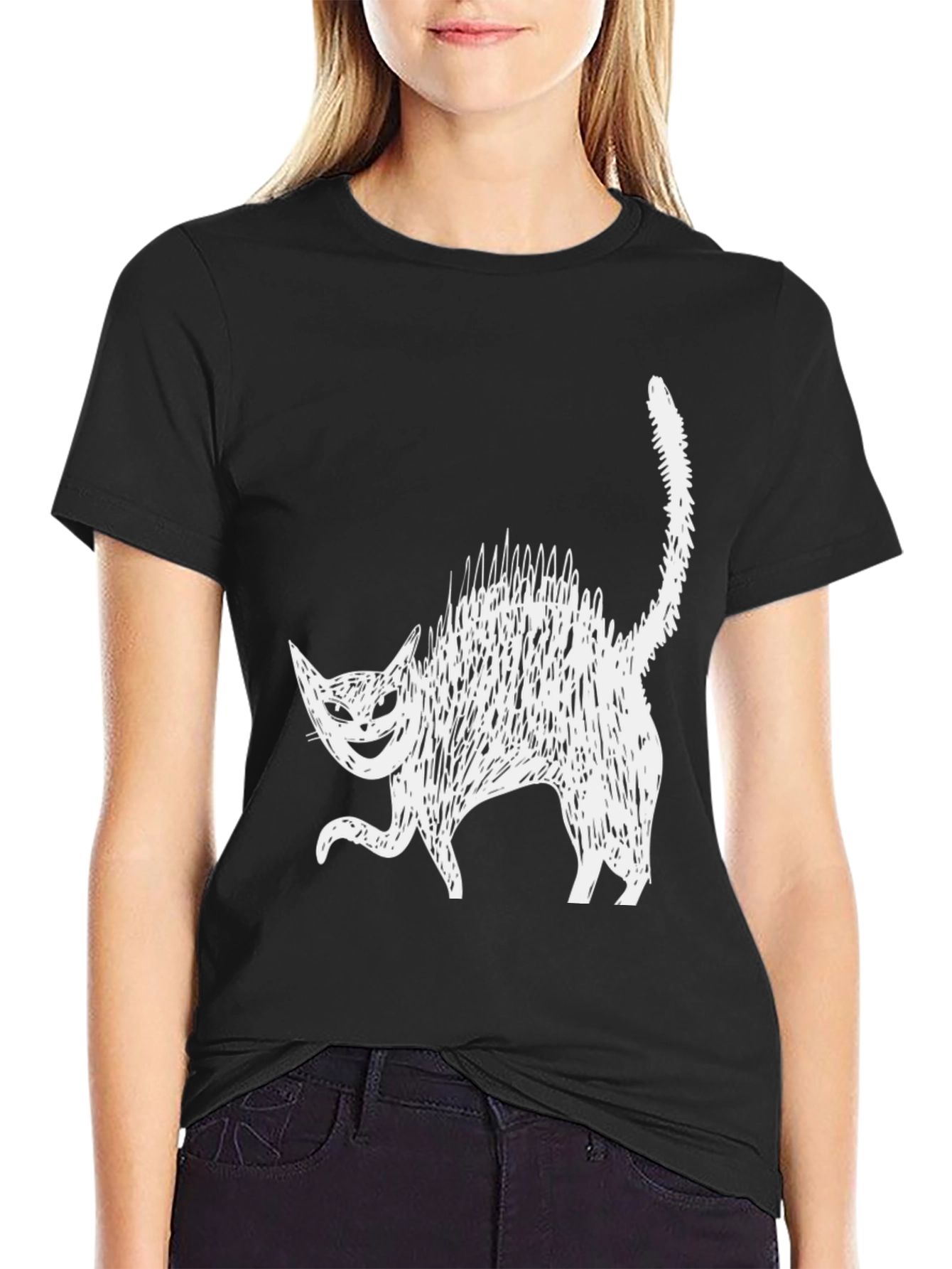 Black Creepy Cat Graphic Tee - Black Cotton Blend view 2
