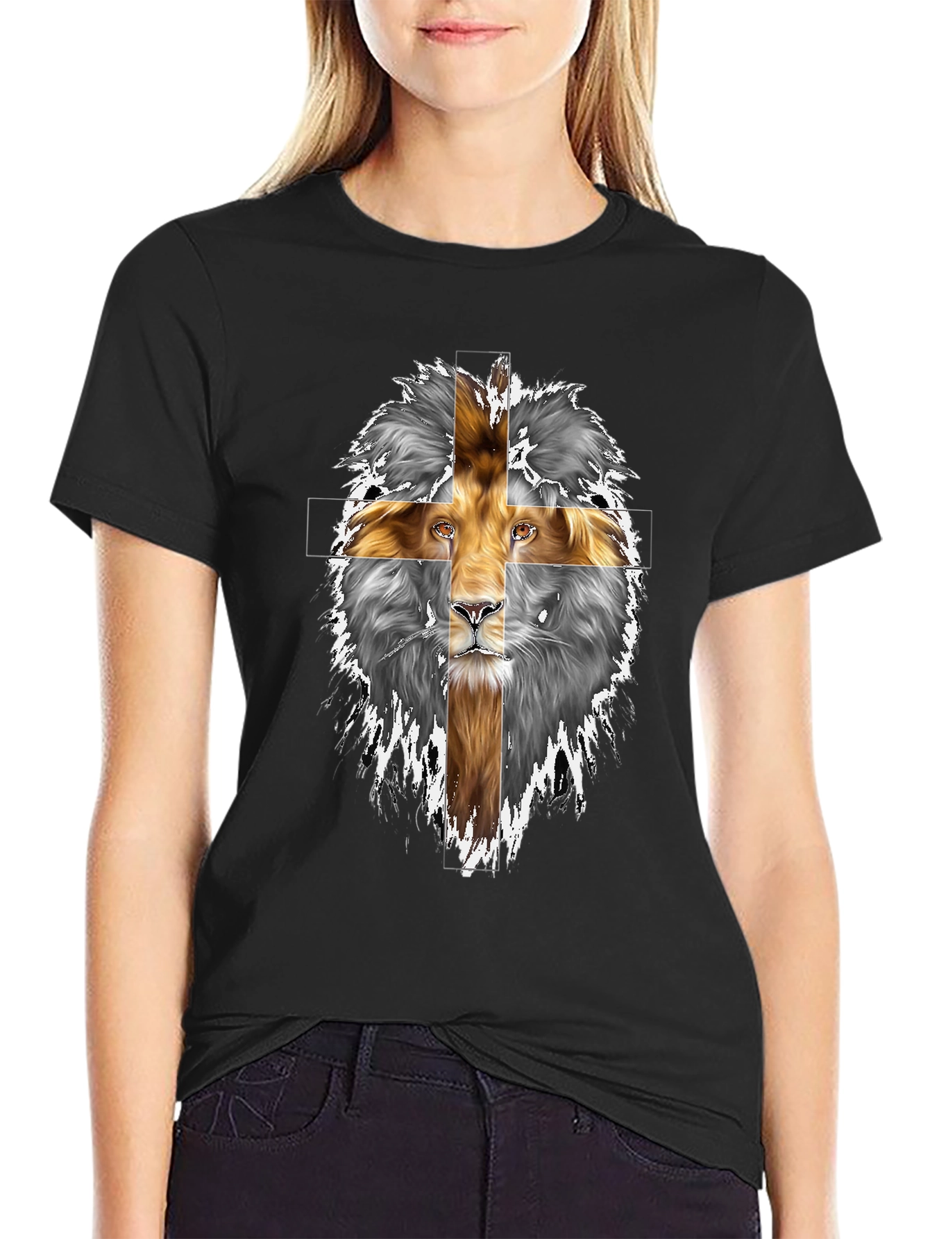 Black Lion Cross Graphic Print Black T-Shirt view 2