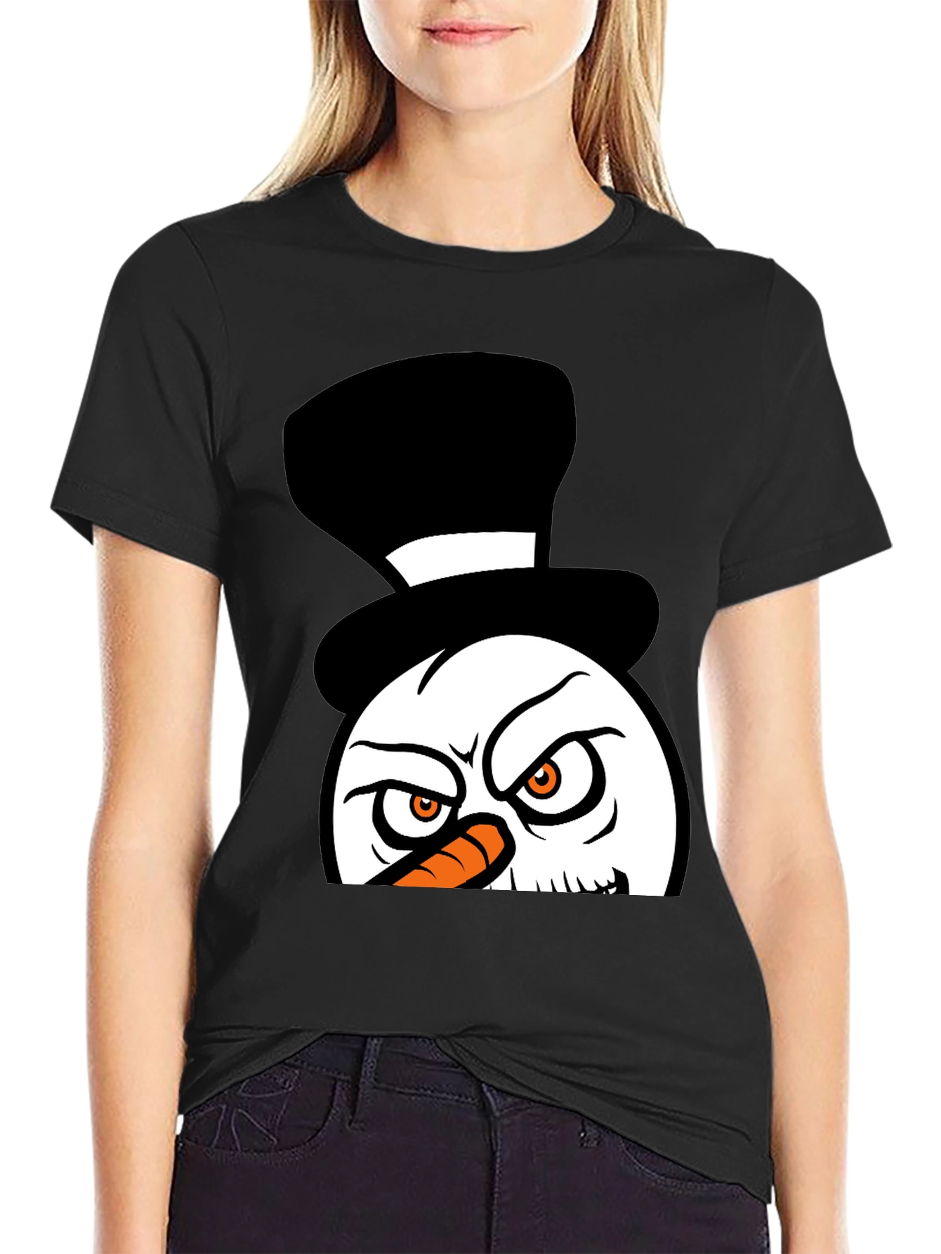 Black Grumpy Snowman Graphic Tee - Black Cotton Blend view 2
