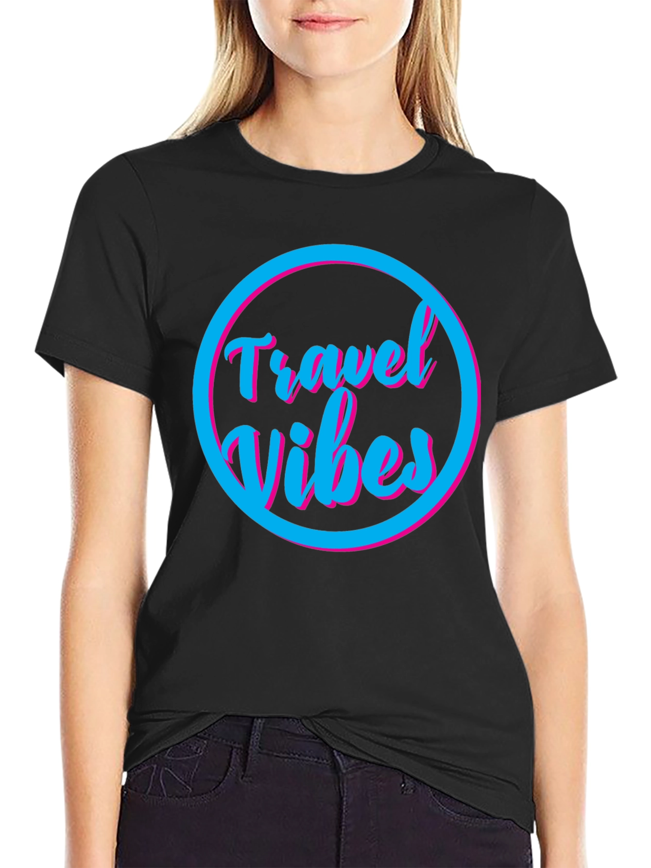 Black Travel Vibes Graphic Tee - Black Cotton T-Shirt view 2