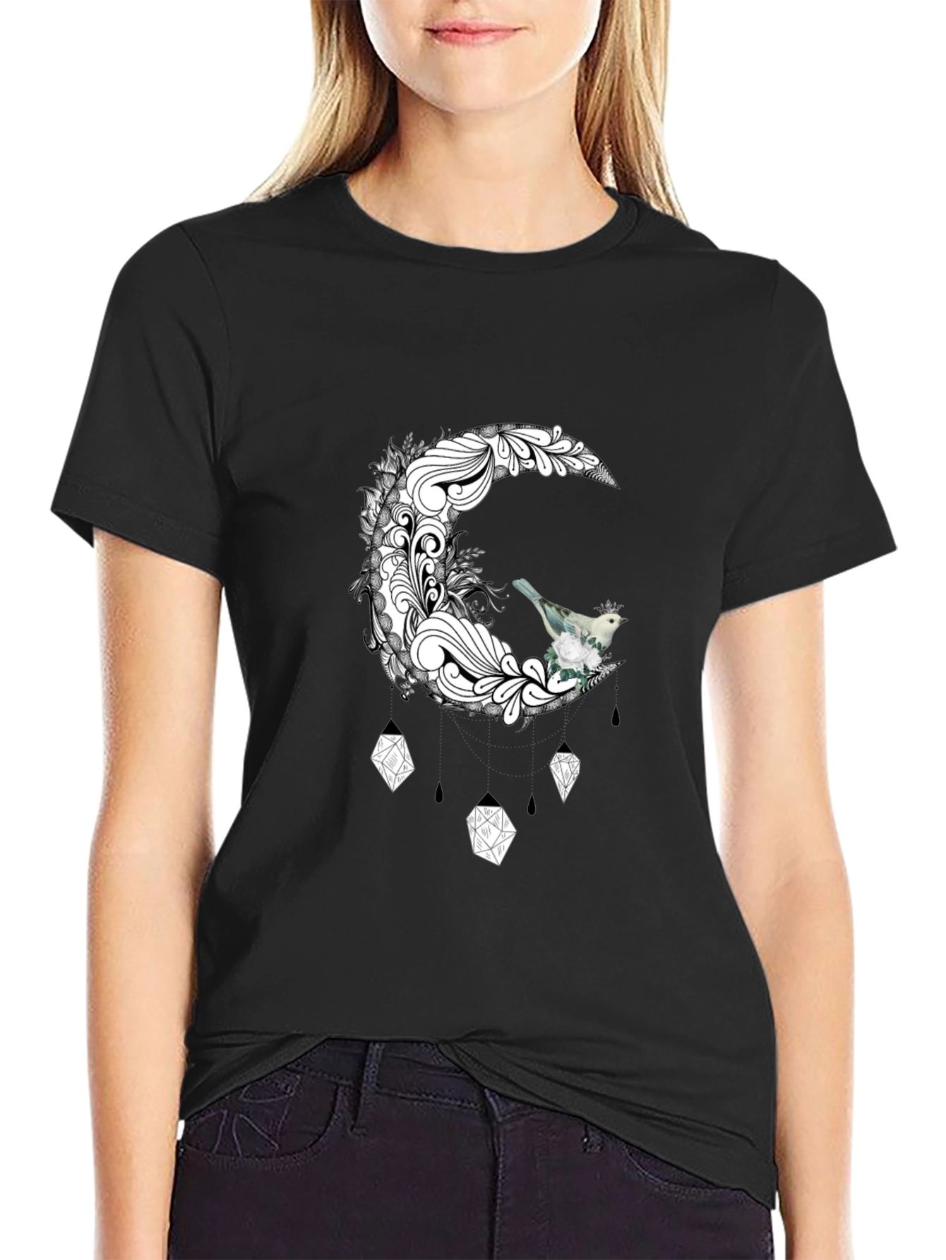 Black Black T-Shirt with Moon and Bird Graphic view 2