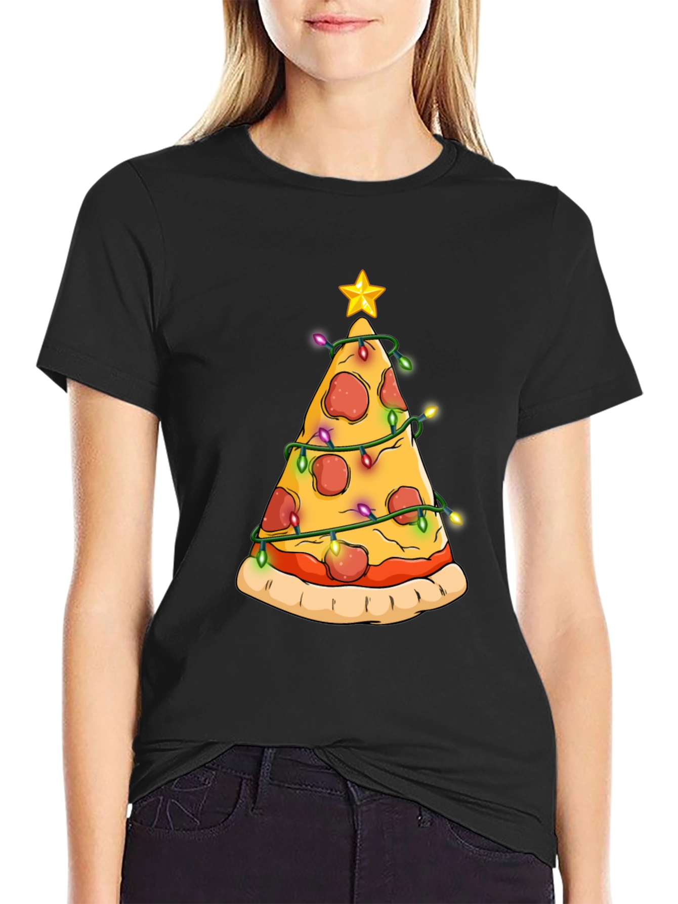 Black Pizza Christmas Tree T-Shirt view 2
