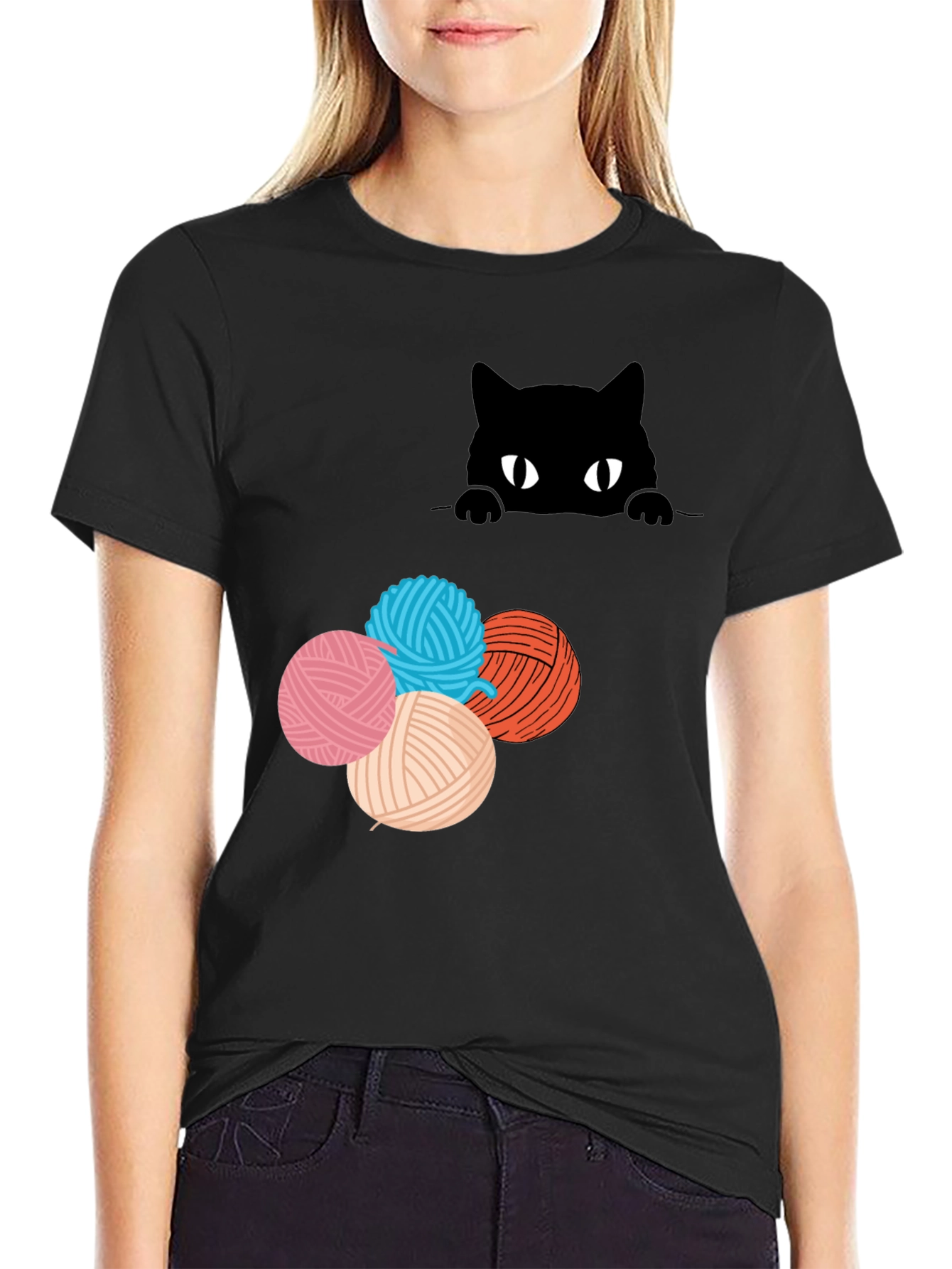 Black Cat Peek Yarn Ball T-Shirt view 2