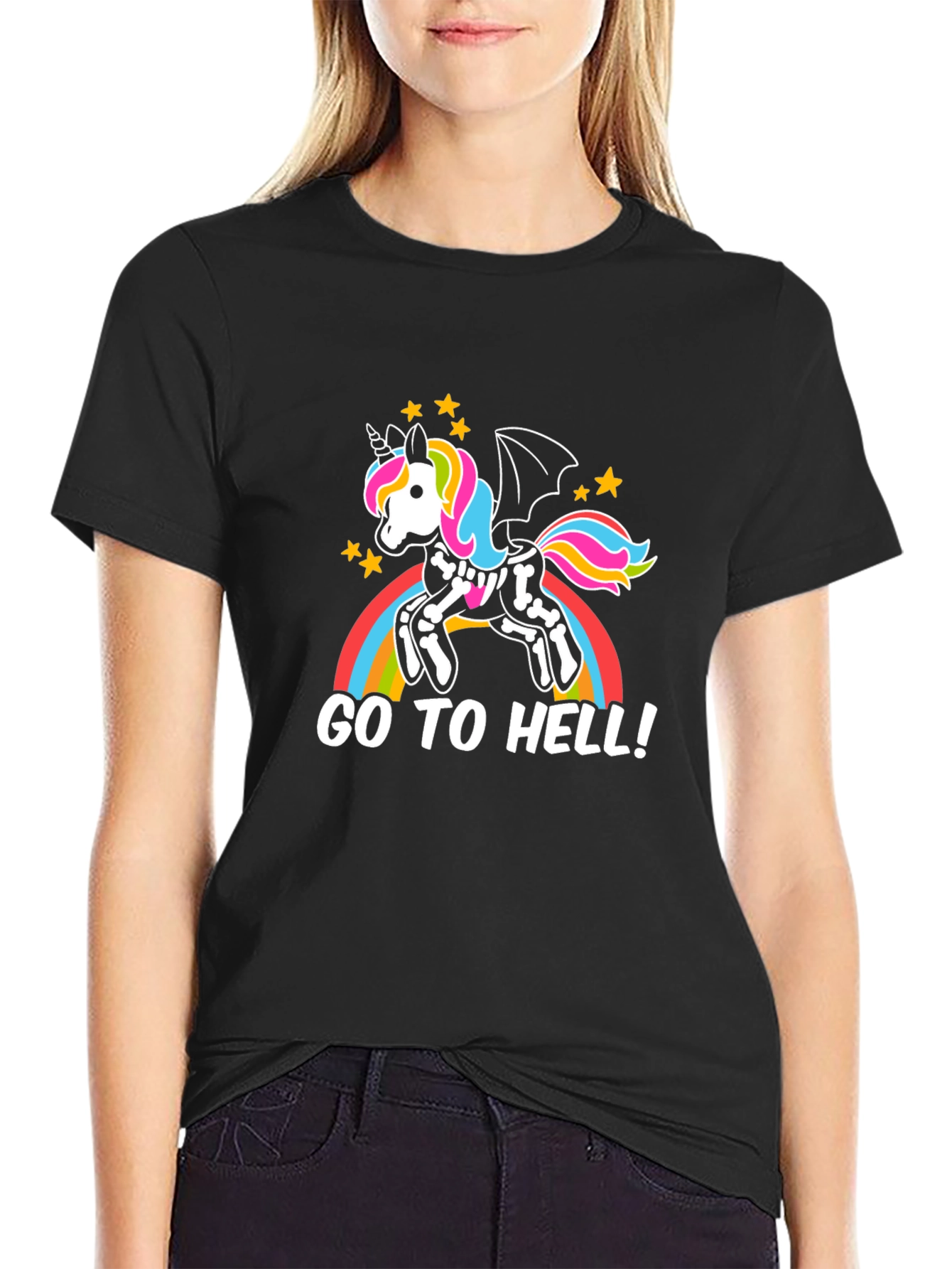 Black Unicorn Skeleton Rainbow Graphic Tee view 2