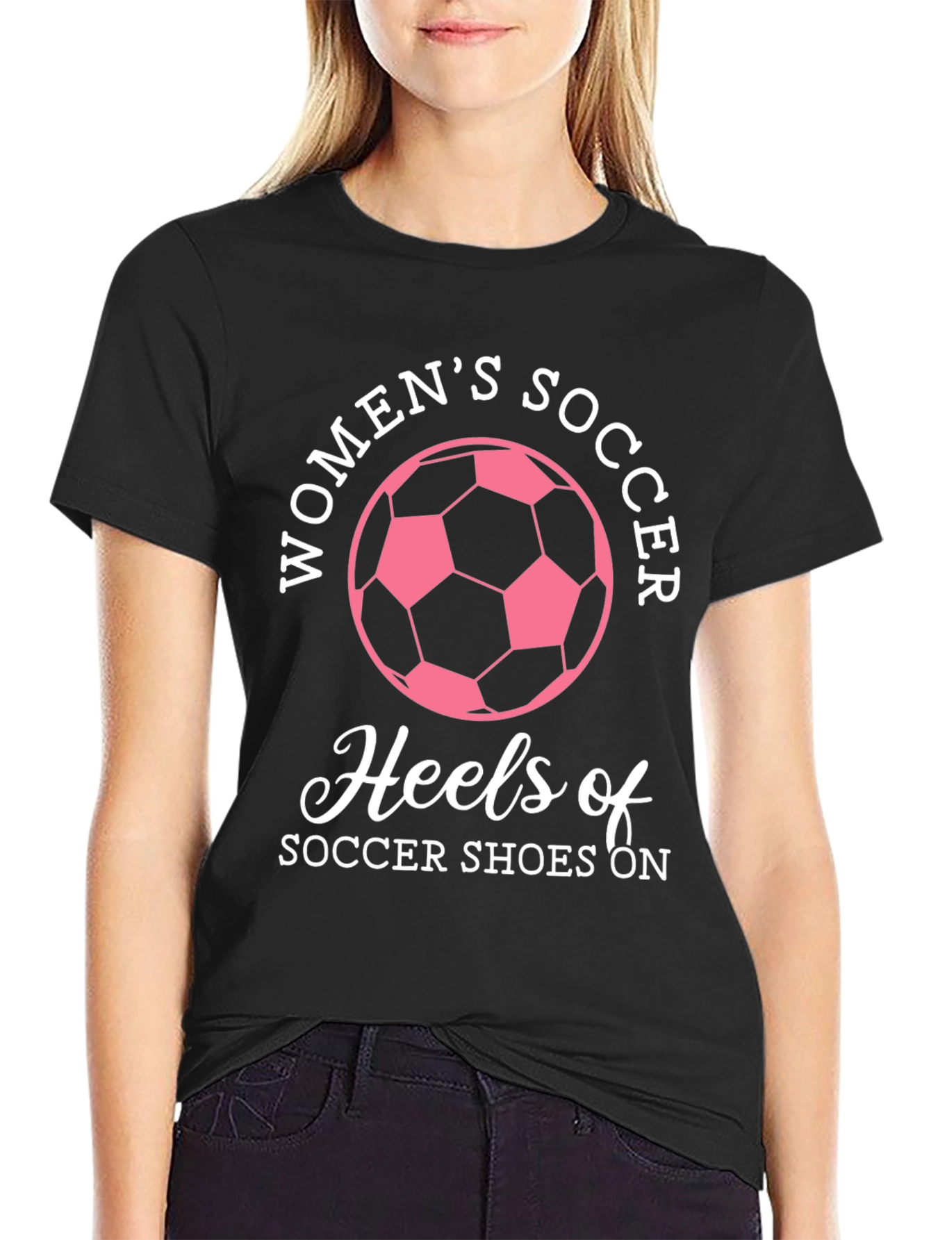 Black Women's Soccer Heels Graphic T-Shirt view 2