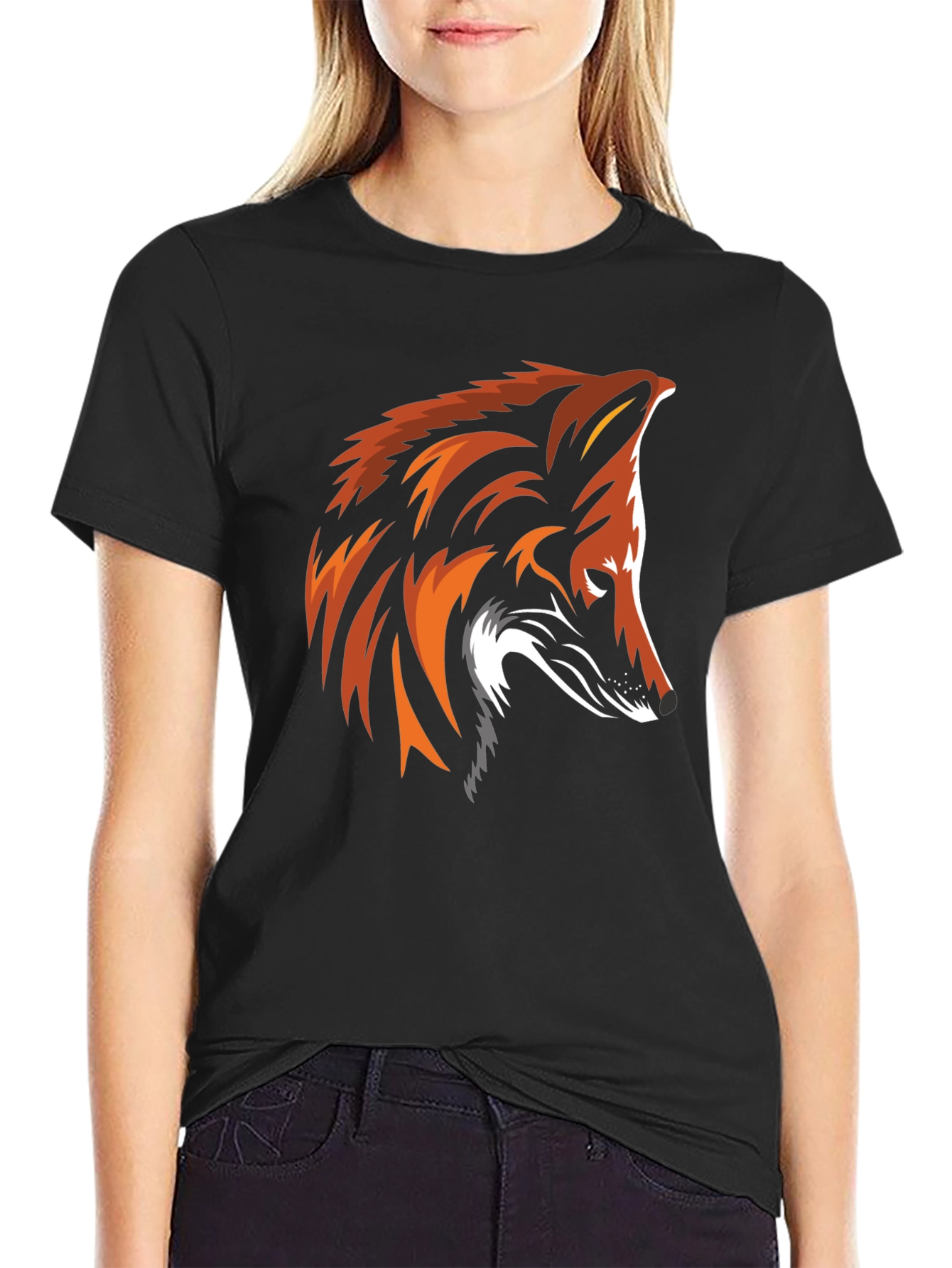 Black Cool Fox Graphic Print Black T-Shirt view 2