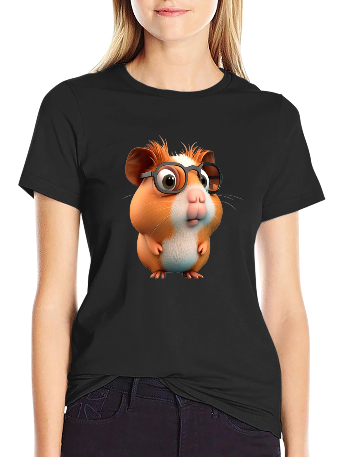 Black Cute Hamster with Glasses Graphic Tee view 2