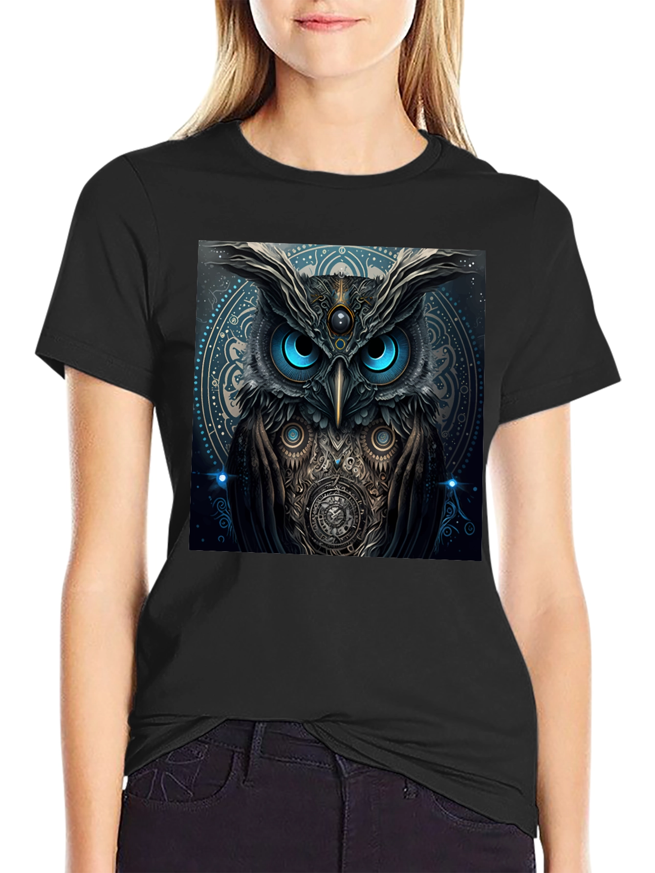 Black Mystic Owl Graphic Tee - Black Cotton Blend view 2