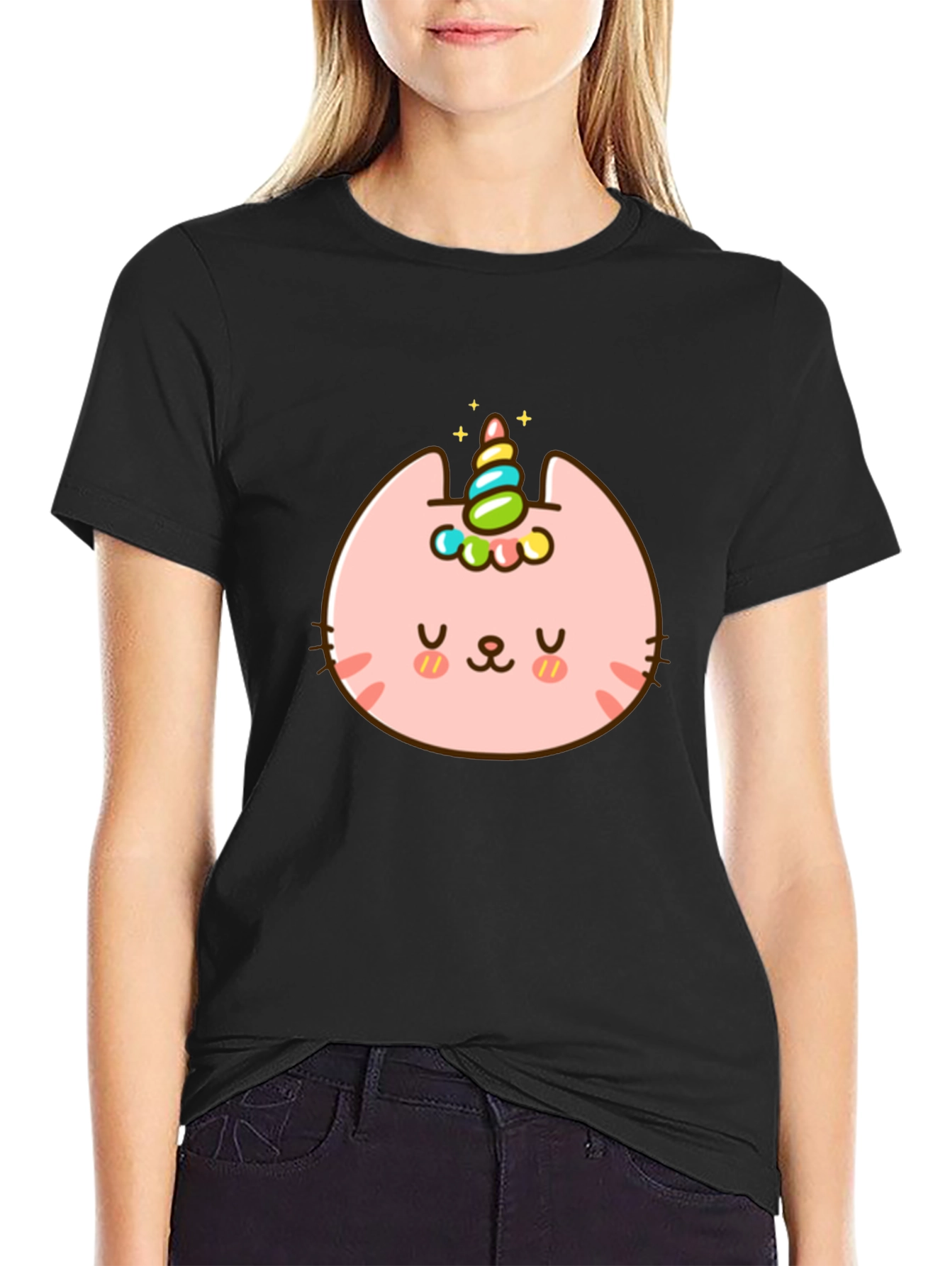 Black Unicat Black T-Shirt - Kawaii Unicorn Cat Tee view 2