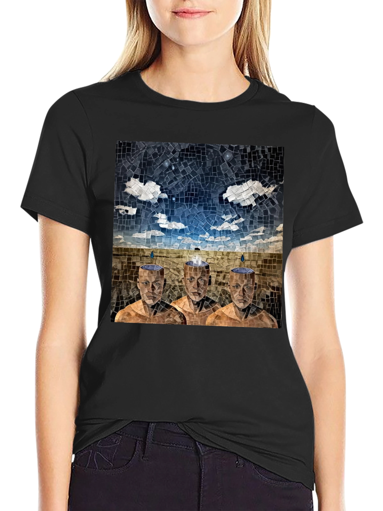 Black Mosaic Heads T-Shirt - Surreal Artistic Design view 2