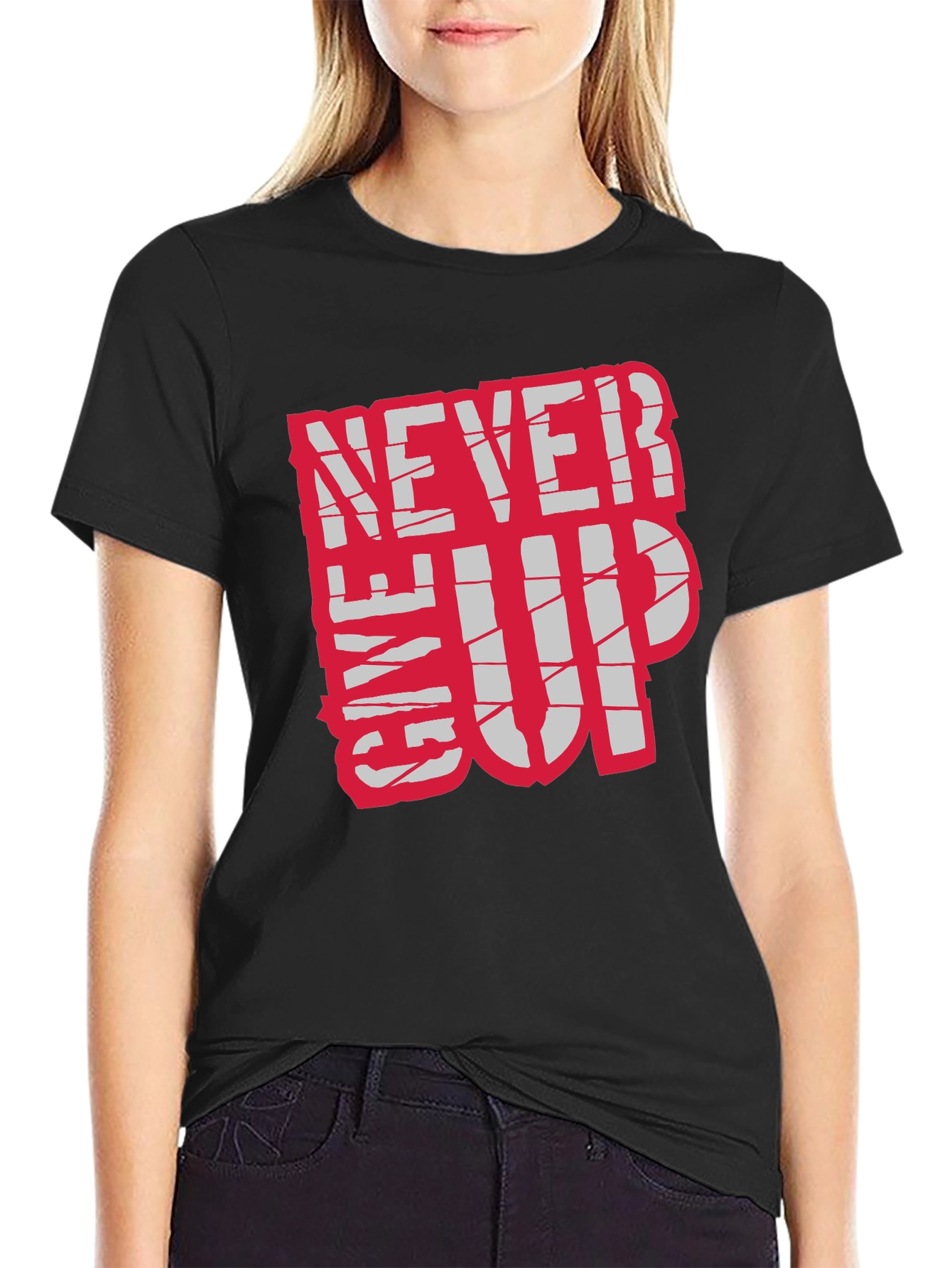 Black Motivational 'Never Give Up' Black T-Shirt view 2