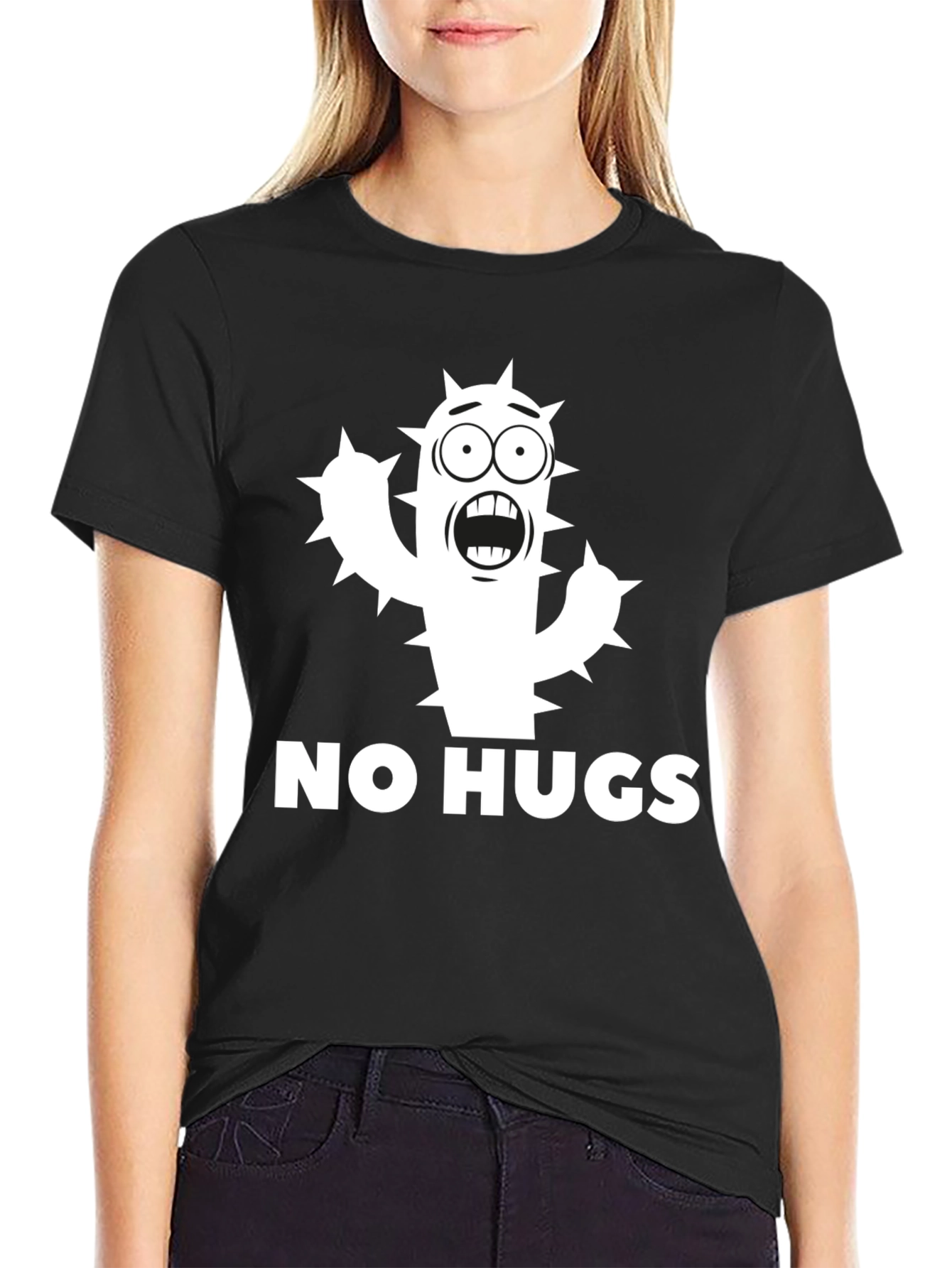Black No Hugs Cactus Graphic Tee - Funny Unisex Shirt view 2