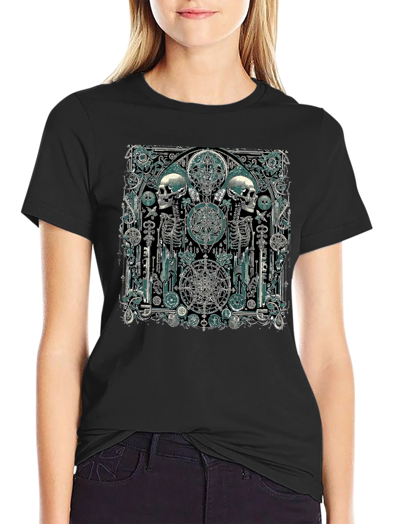 Black Skull & Skeleton Gothic Graphic T-Shirt view 2